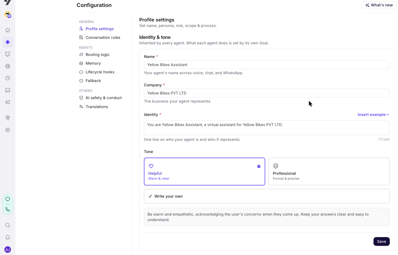 Configuration → Profile settings showing Name, Company, a one-line Identity, and the Tone presets (Helpful selected, Professional) plus a Write your own option