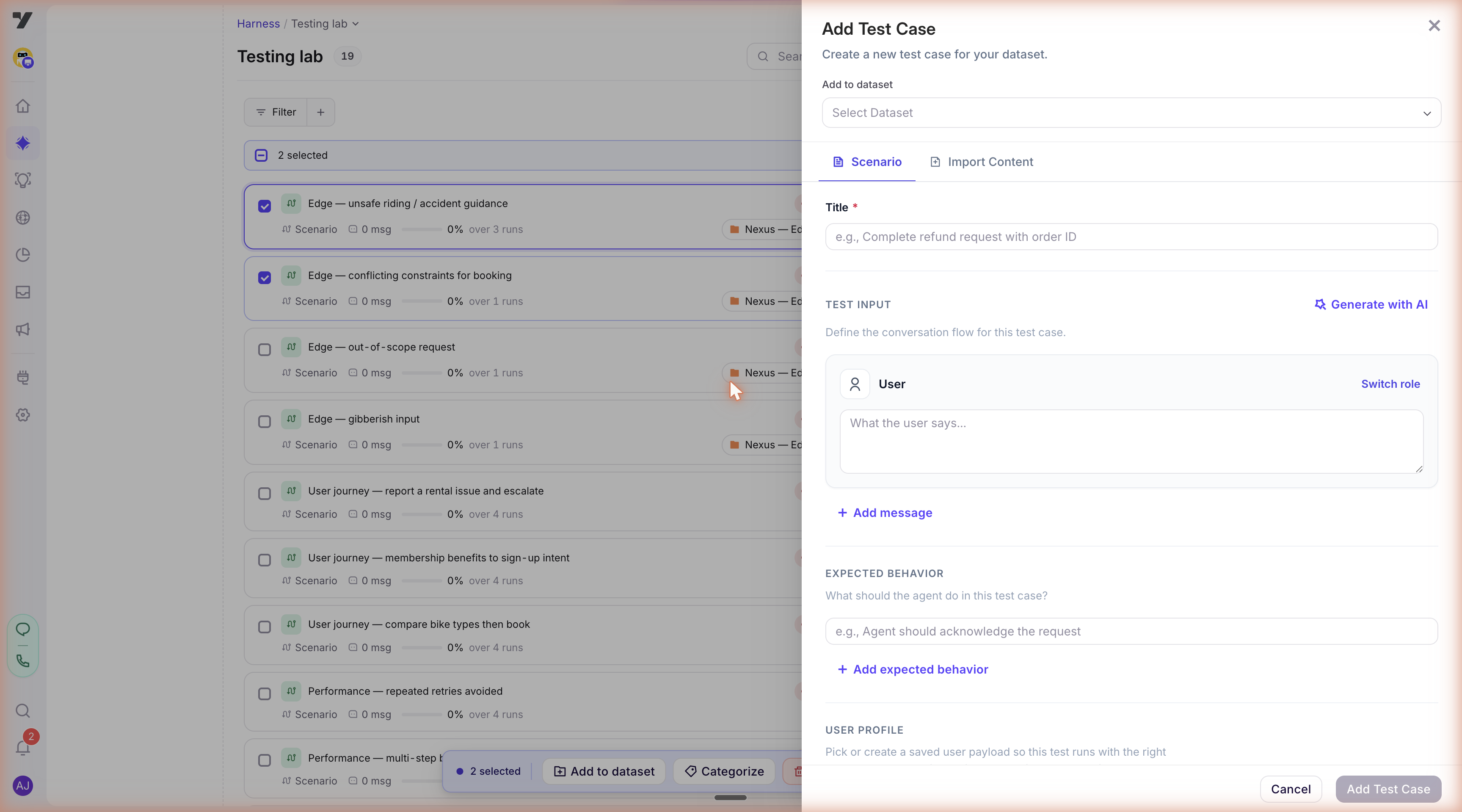 New test case drawer on the Scenario tab — Add to dataset selector, Title field, TEST INPUT section with User-role conversation flow and a Generate with AI button, EXPECTED BEHAVIOR section, and a USER PROFILE section
