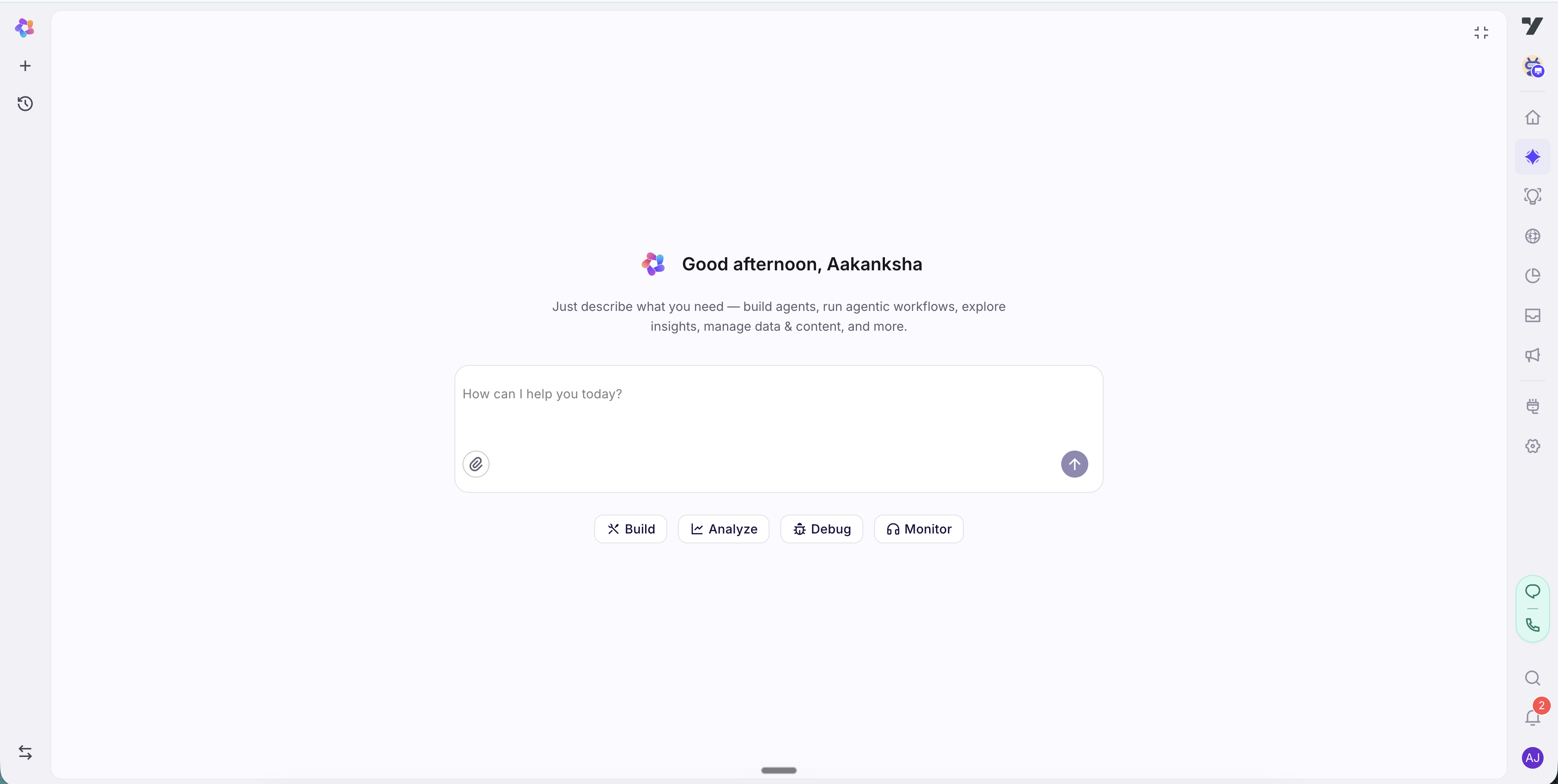 The Nexus AI layer panel open beside the builder, taking a natural-language request and acting on the current bot