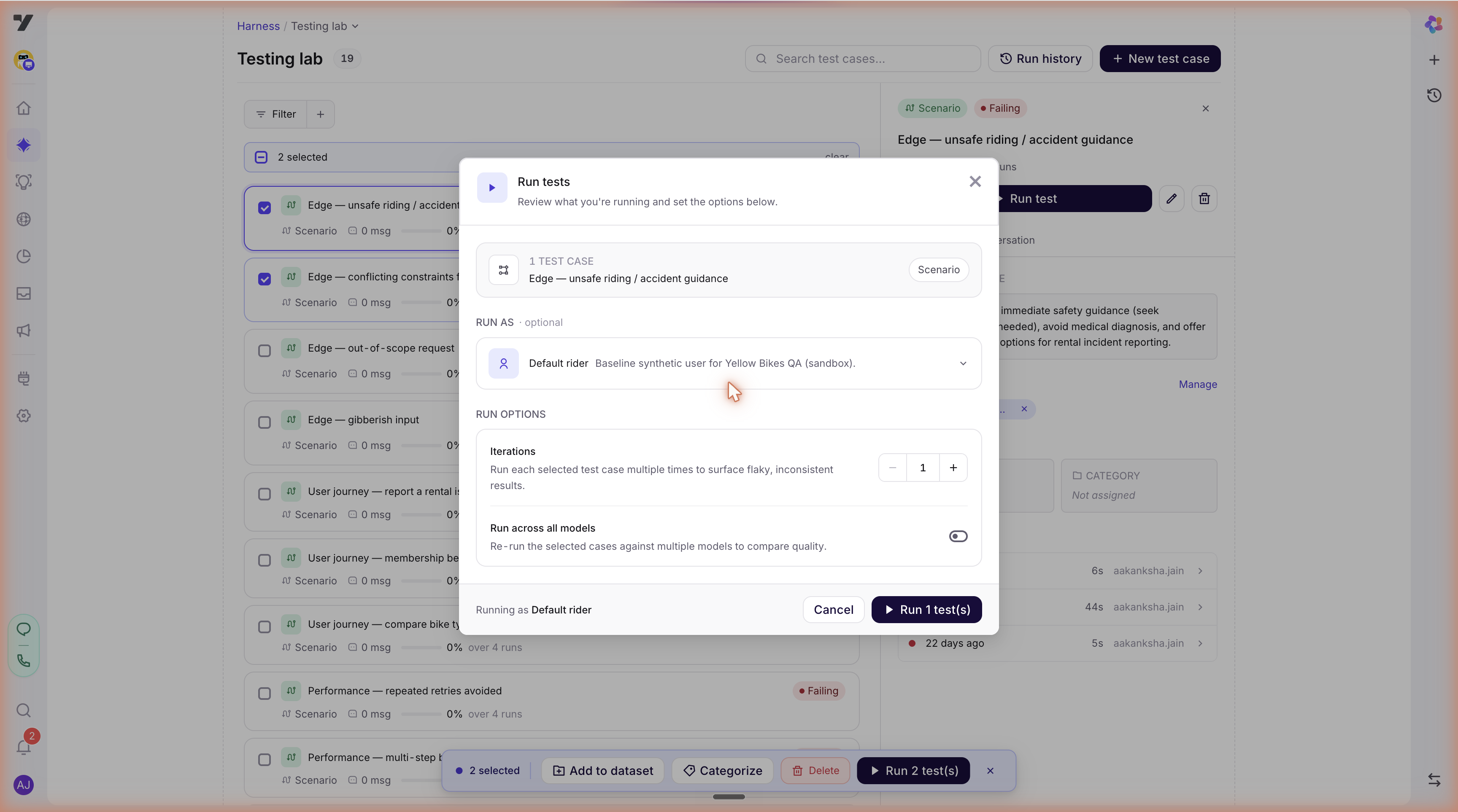 Run tests modal — shows the selected test case(s), a "Run as" dropdown (synthetic-user persona), an Iterations stepper, and a "Run across all models" toggle for comparing model variants in one run