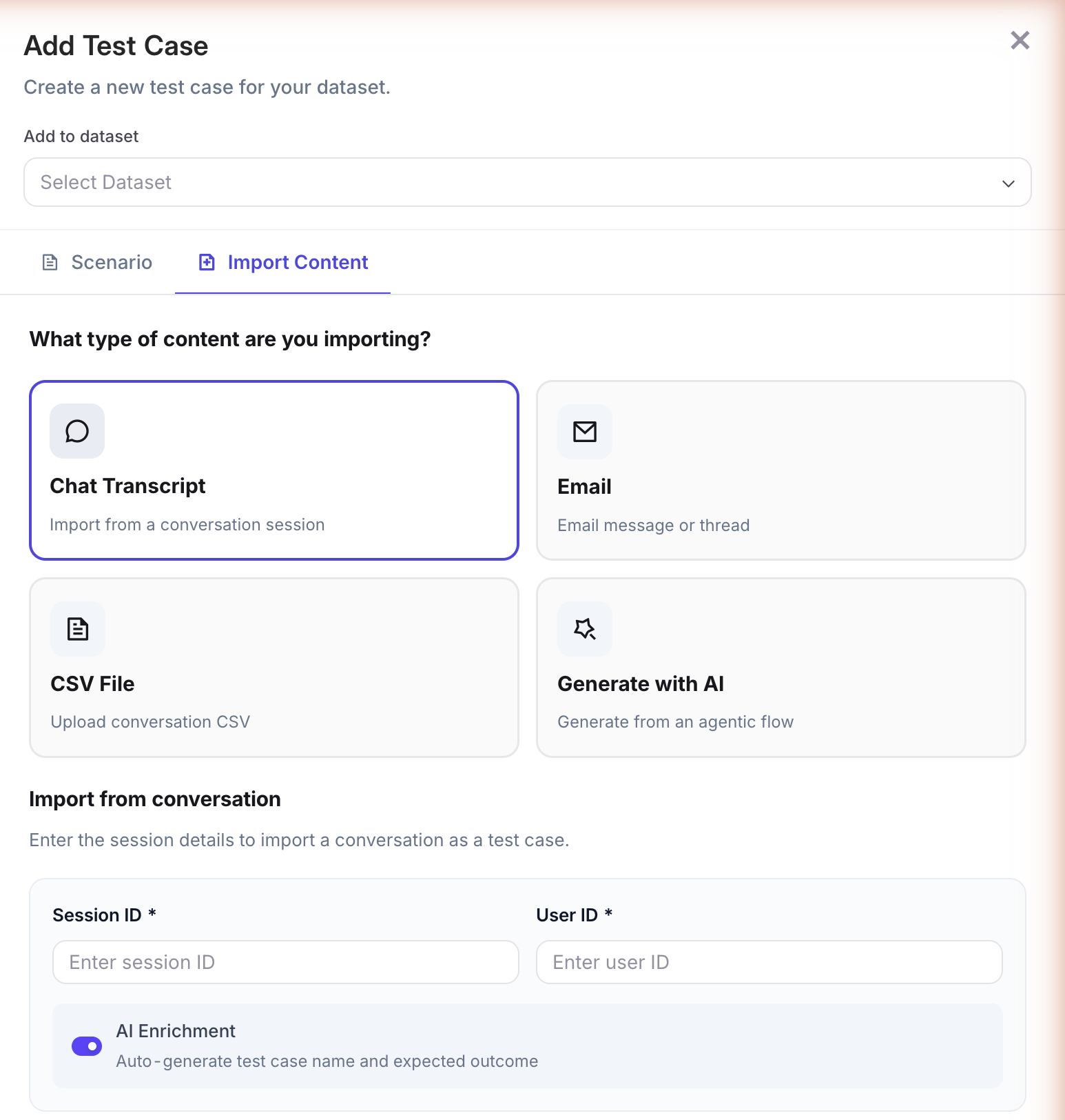 New test case drawer on the Import Content tab — four content-type cards (Chat Transcript, Email, CSV File, Generate with AI) and an Import from conversation form with Session ID + User ID inputs and an AI Enrichment toggle