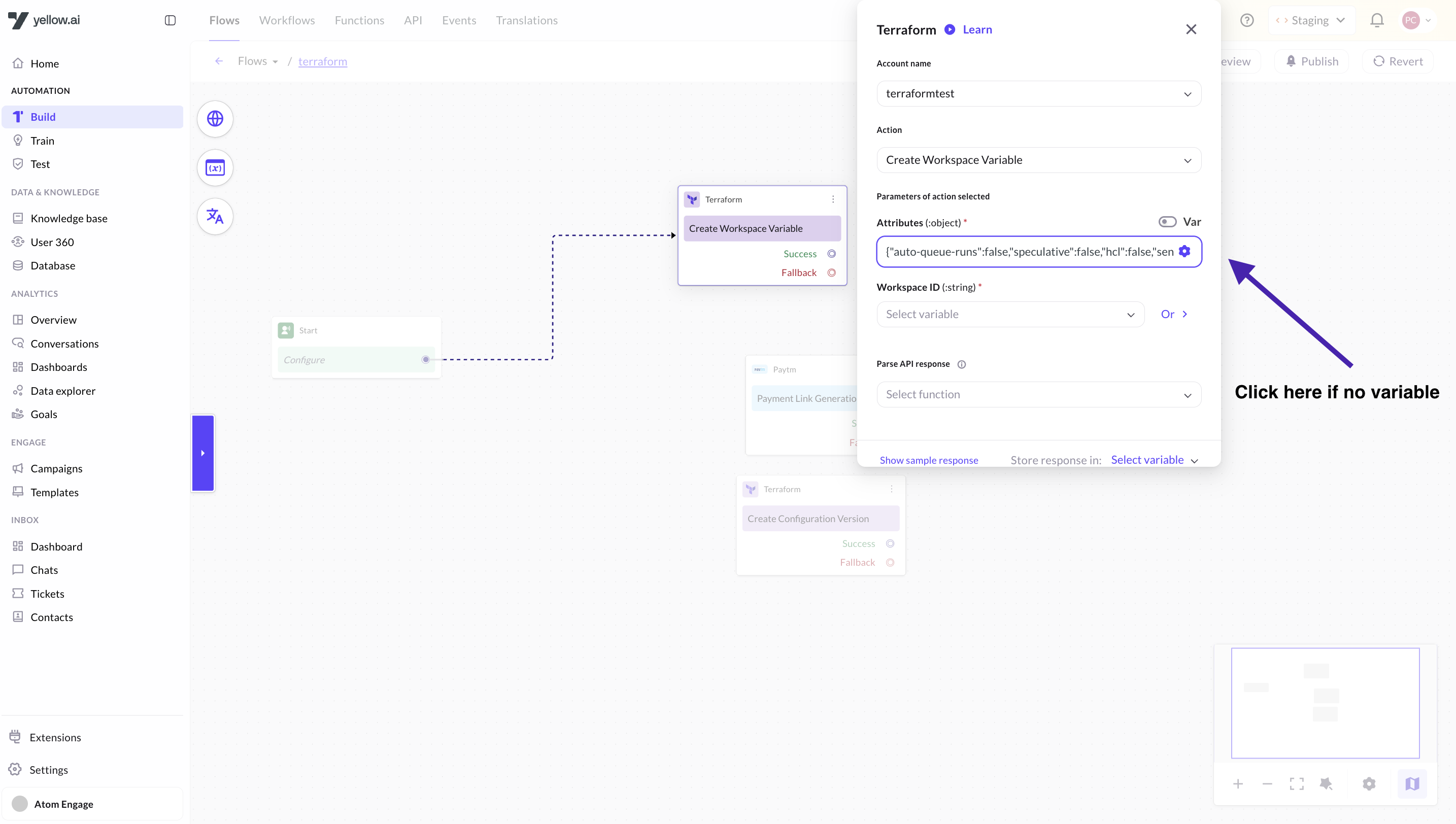 Create Workspace Variable node in Yellow.ai flow builder