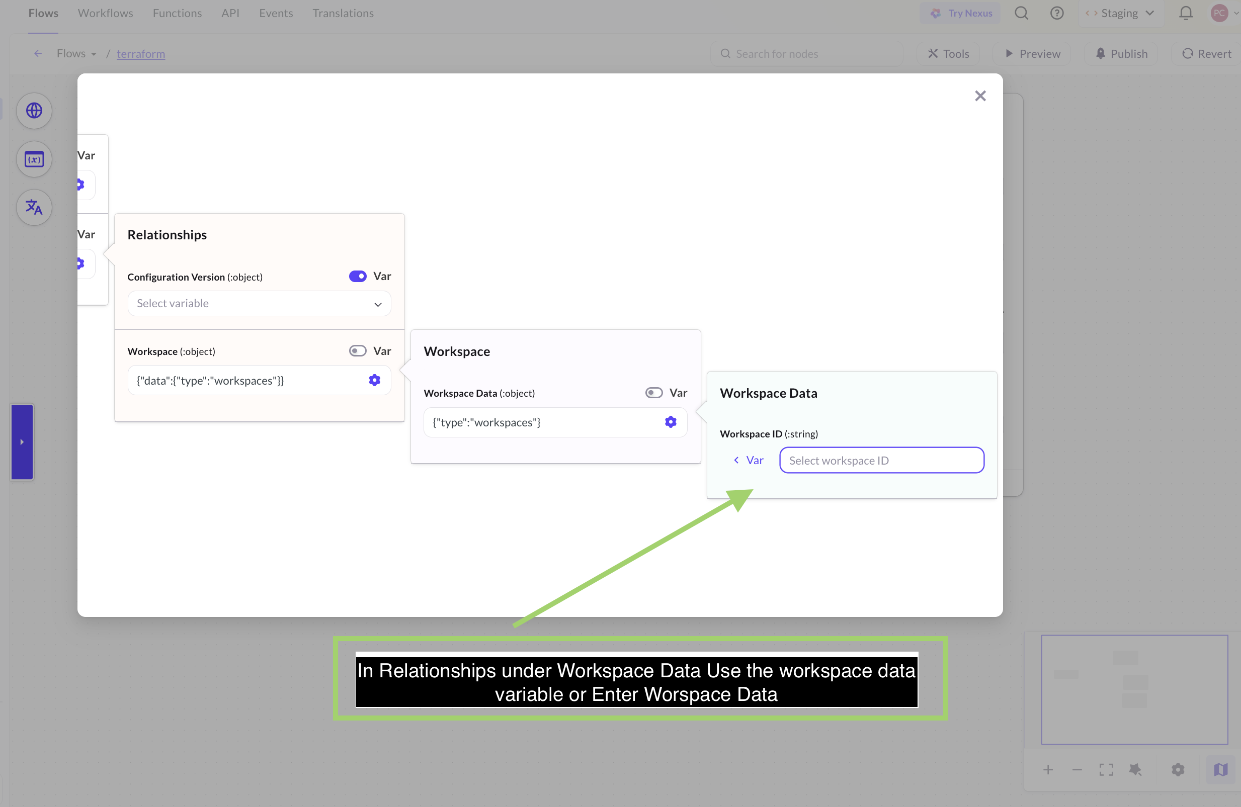 Create Run node — entering the CV and workspace data