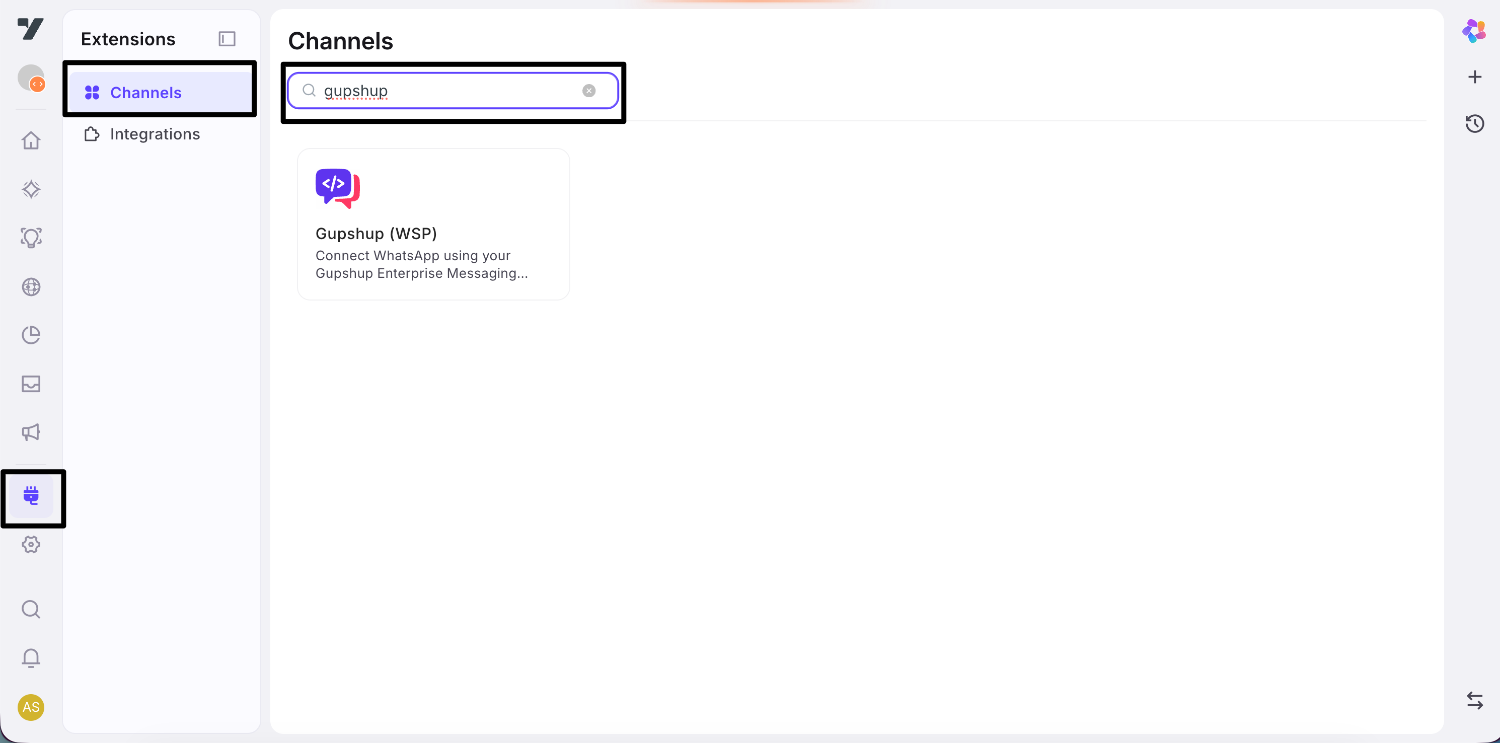 Extensions → Channels: search for Gupshup (WSP)