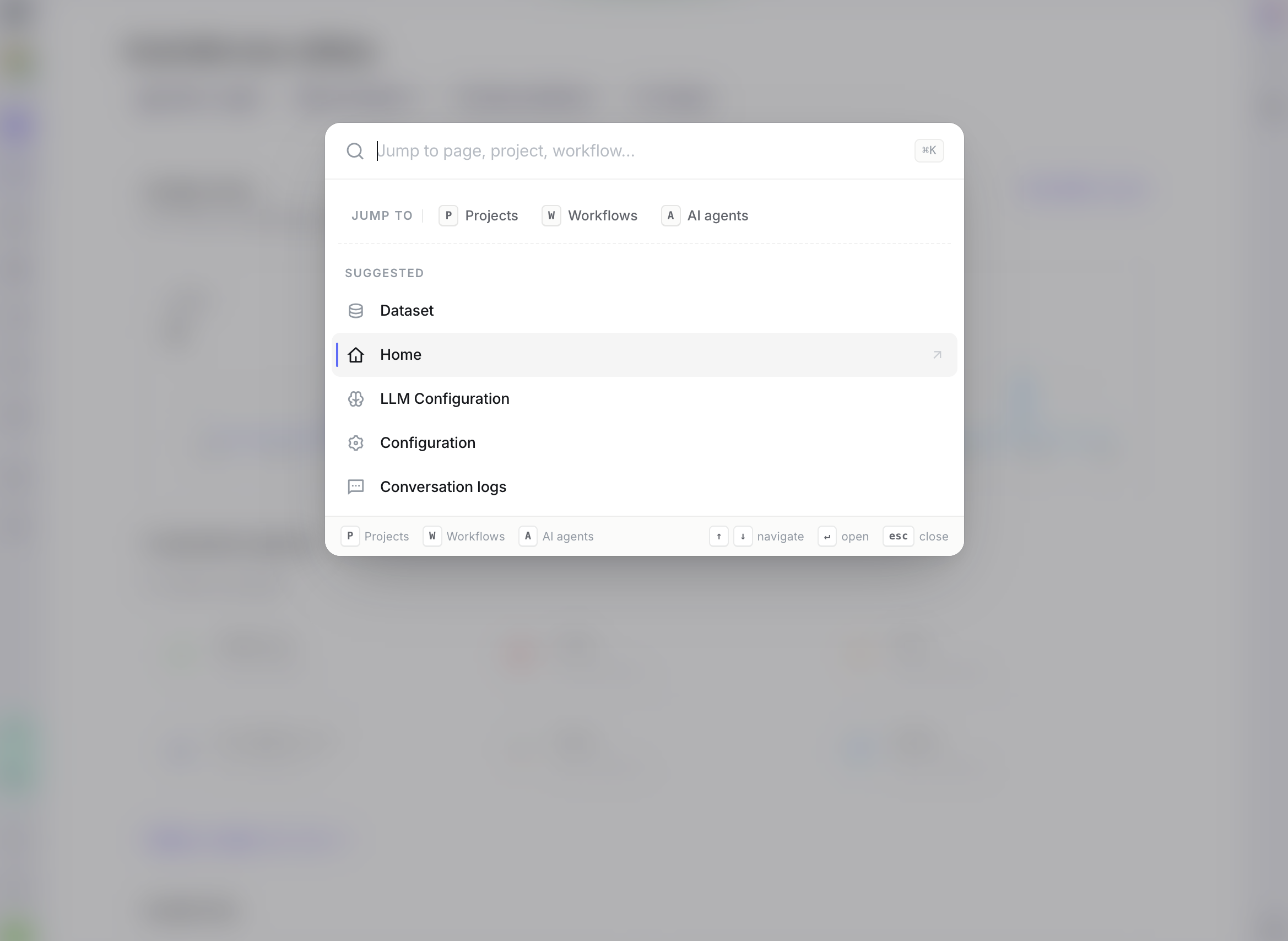 Cmd+K palette in Pages mode showing the Jump to row and Suggested list