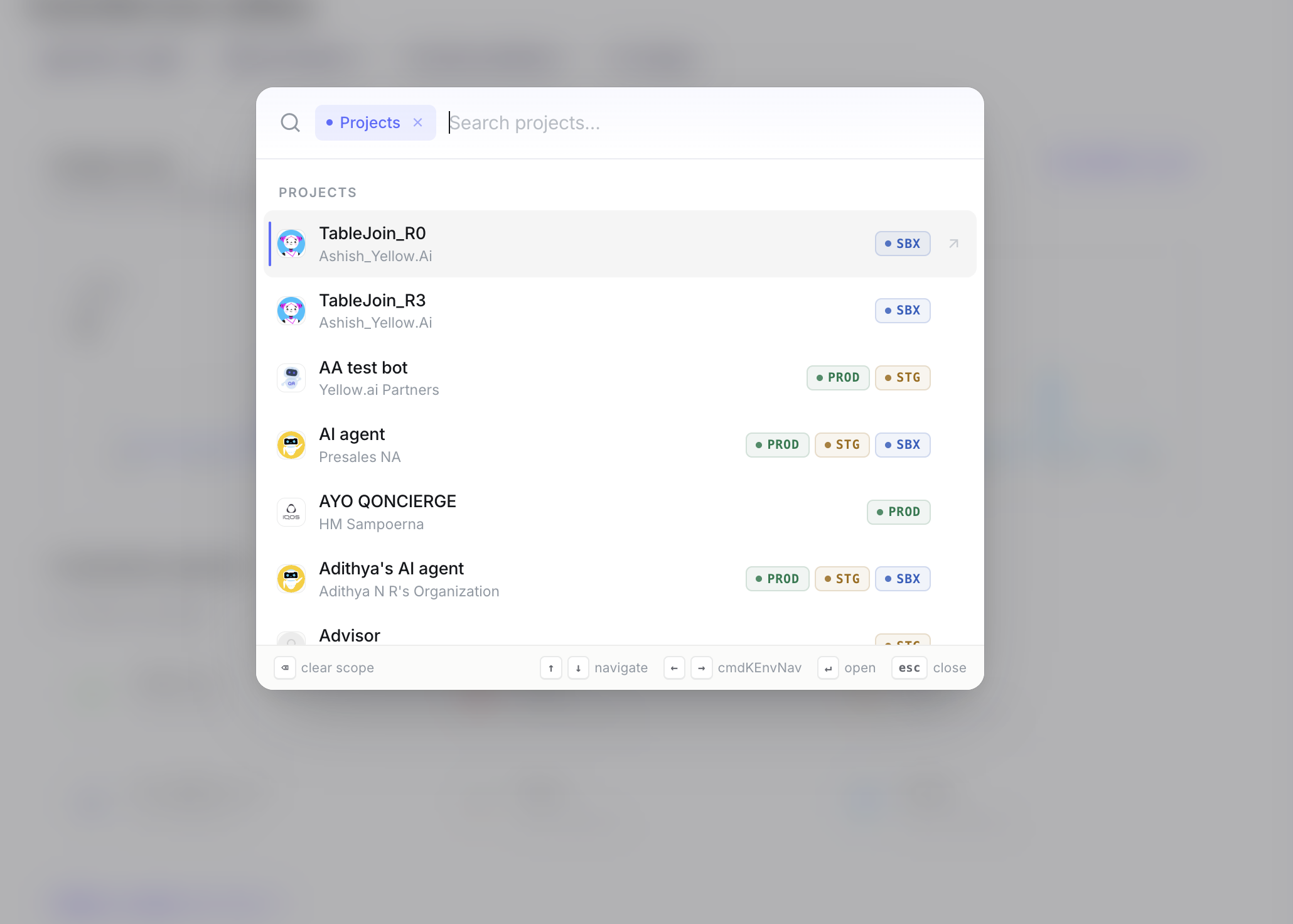 Projects scope listing with avatars, subscription subtitles, and env chips