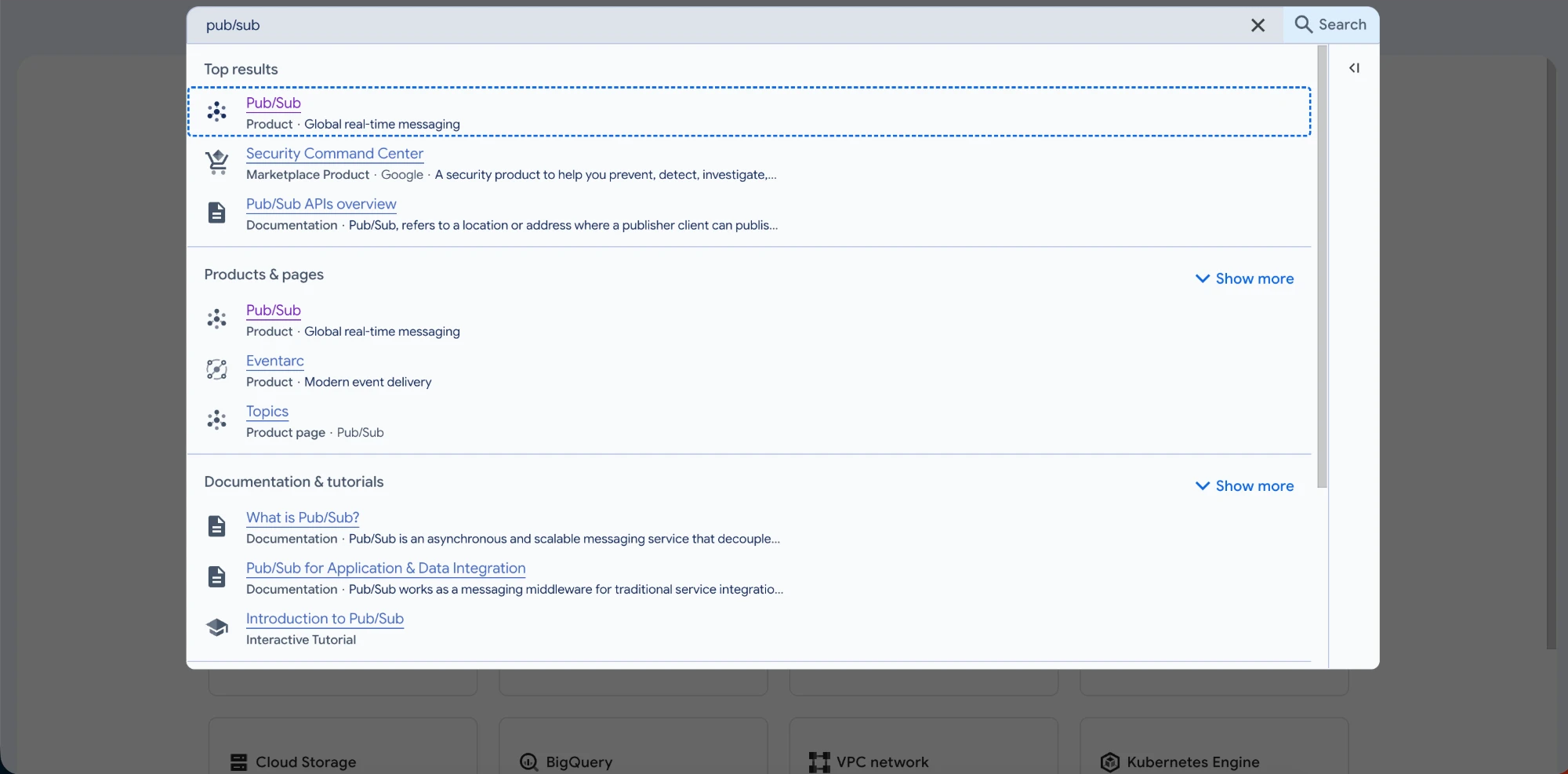 Searching for Pub/Sub in the Google Cloud console