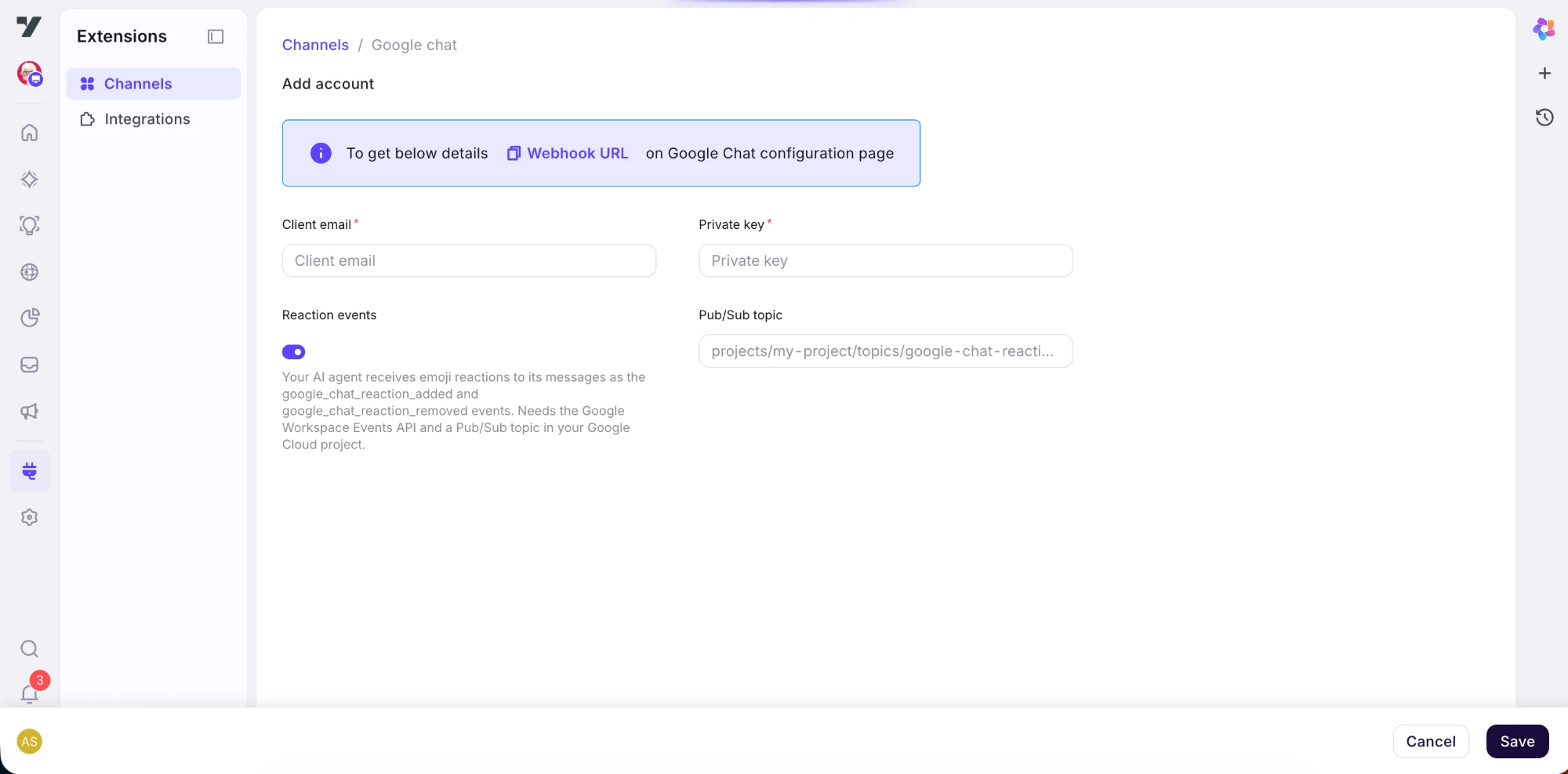 The Google Chat channel form in Nexus, with Reaction events turned on and the Pub/Sub topic field