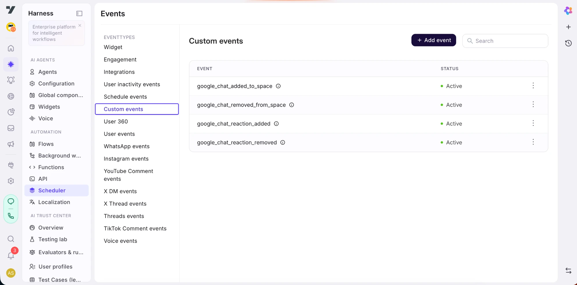 Custom events in Nexus, listing the Google Chat events