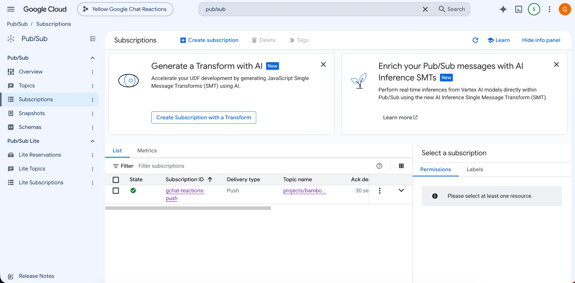 The Subscriptions page of Pub/Sub, listing gchat-reactions-push with the delivery type Push