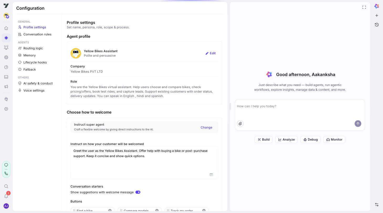 AI Agent → Configuration left menu in a v3 bot, showing the General, Agents, and Others groups with all eight sub-pages