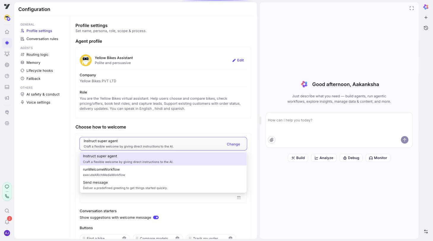 Welcome message Change picker on the super agent Profile settings — three options shown: Instruct super agent (selected), a welcome workflow (runWelcomeWorkflow), and Send message