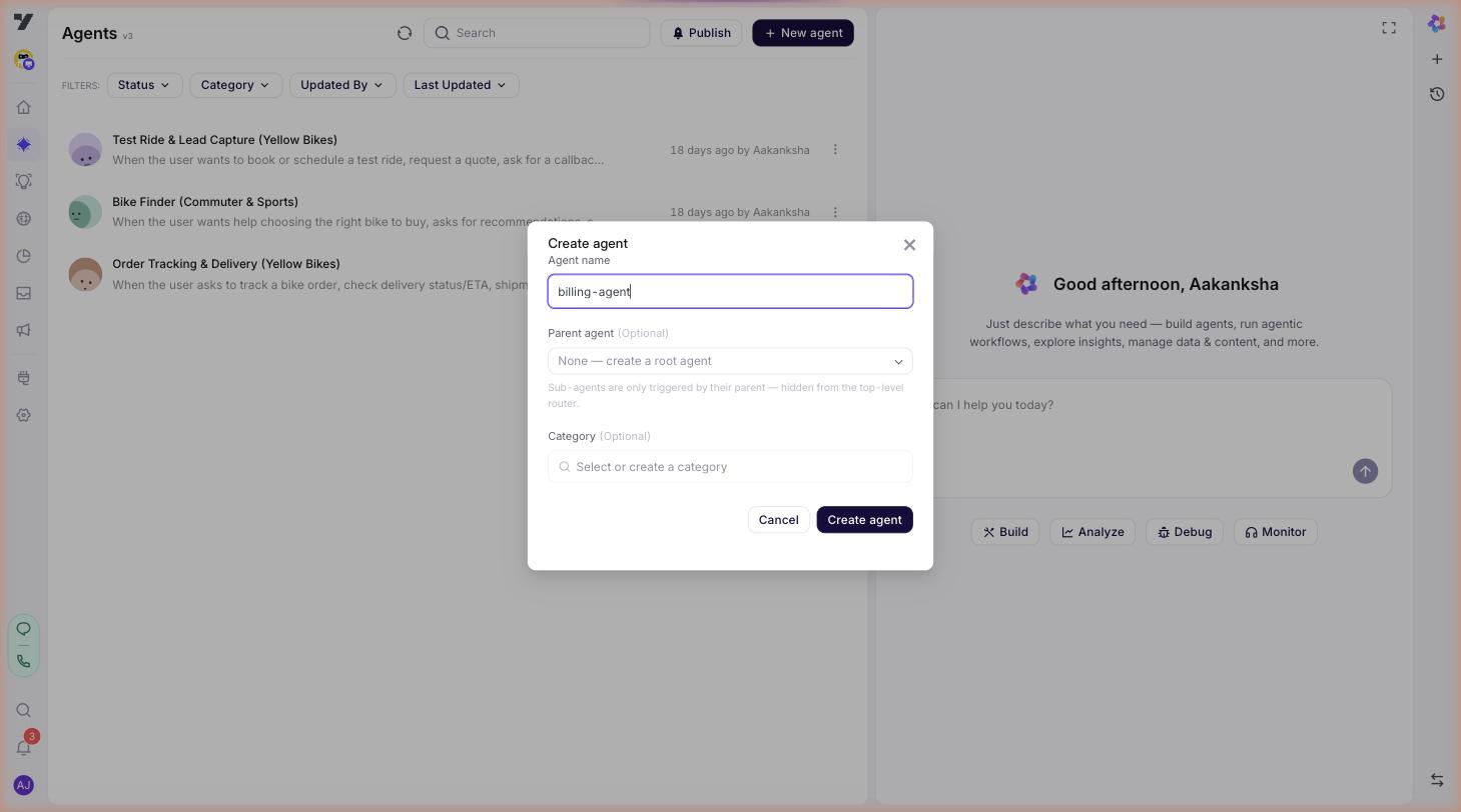 Create agent dialog with the Agent name set to billing-agent, Parent agent on the default None — create a root agent, and Category left empty