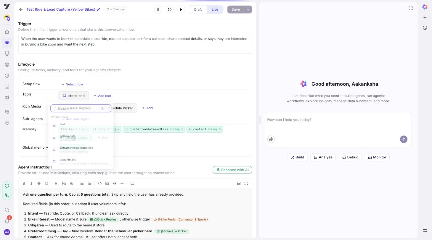 An agent's profile showing the Lifecycle section with both the Memory row (five local variables — bike, city, preferreddateandtime, contact, Intent) and the Global memory row (one bot-wide variable, test)