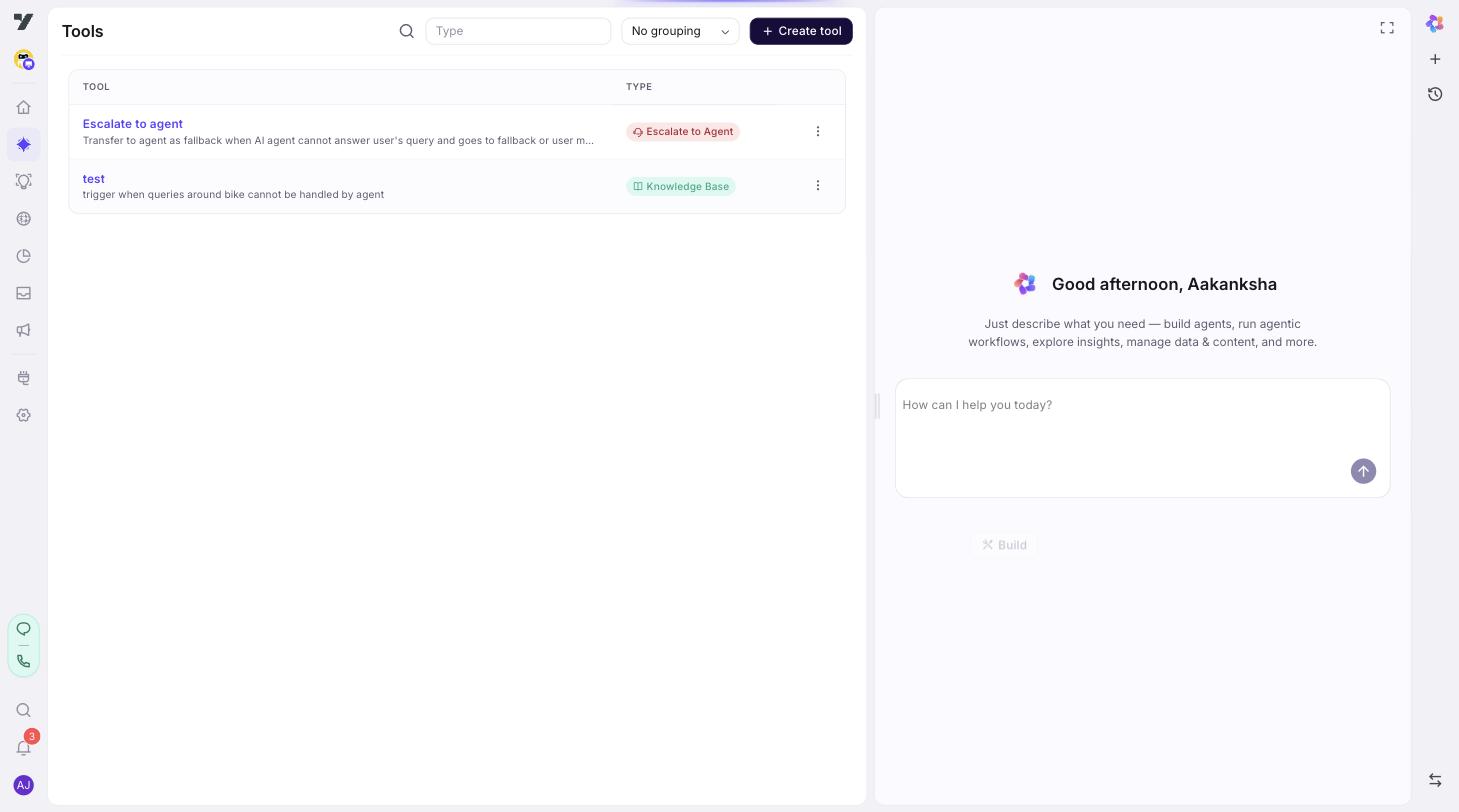 AI Agent → Tools page showing two existing tools — Escalate to agent and a knowledge-base tool — with the Create tool button in the top right