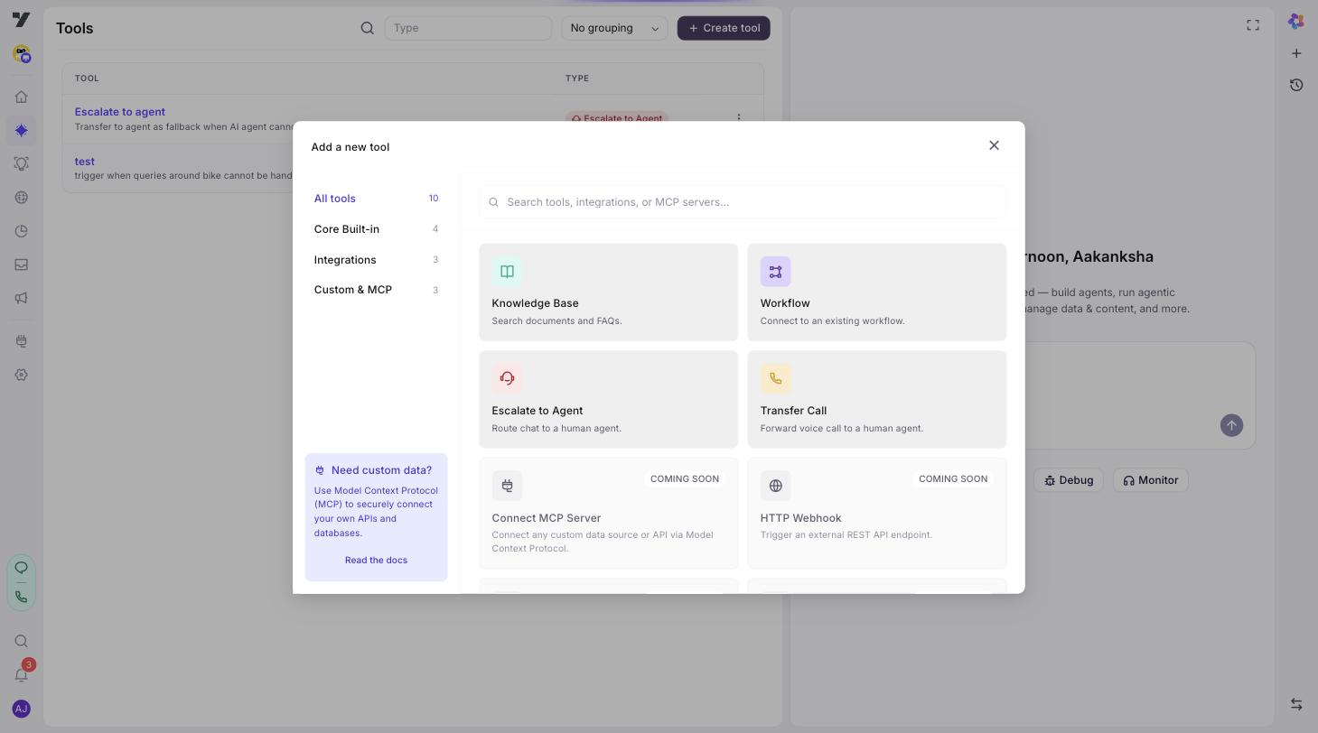 Add a new tool picker showing the four core built-in types (Knowledge Base, Workflow, Escalate to Agent, Transfer Call) with Connect MCP Server and HTTP Webhook tagged as Coming soon, and category counts in the sidebar (All tools 10, Core Built-in 4, Integrations 3, Custom & MCP 3)