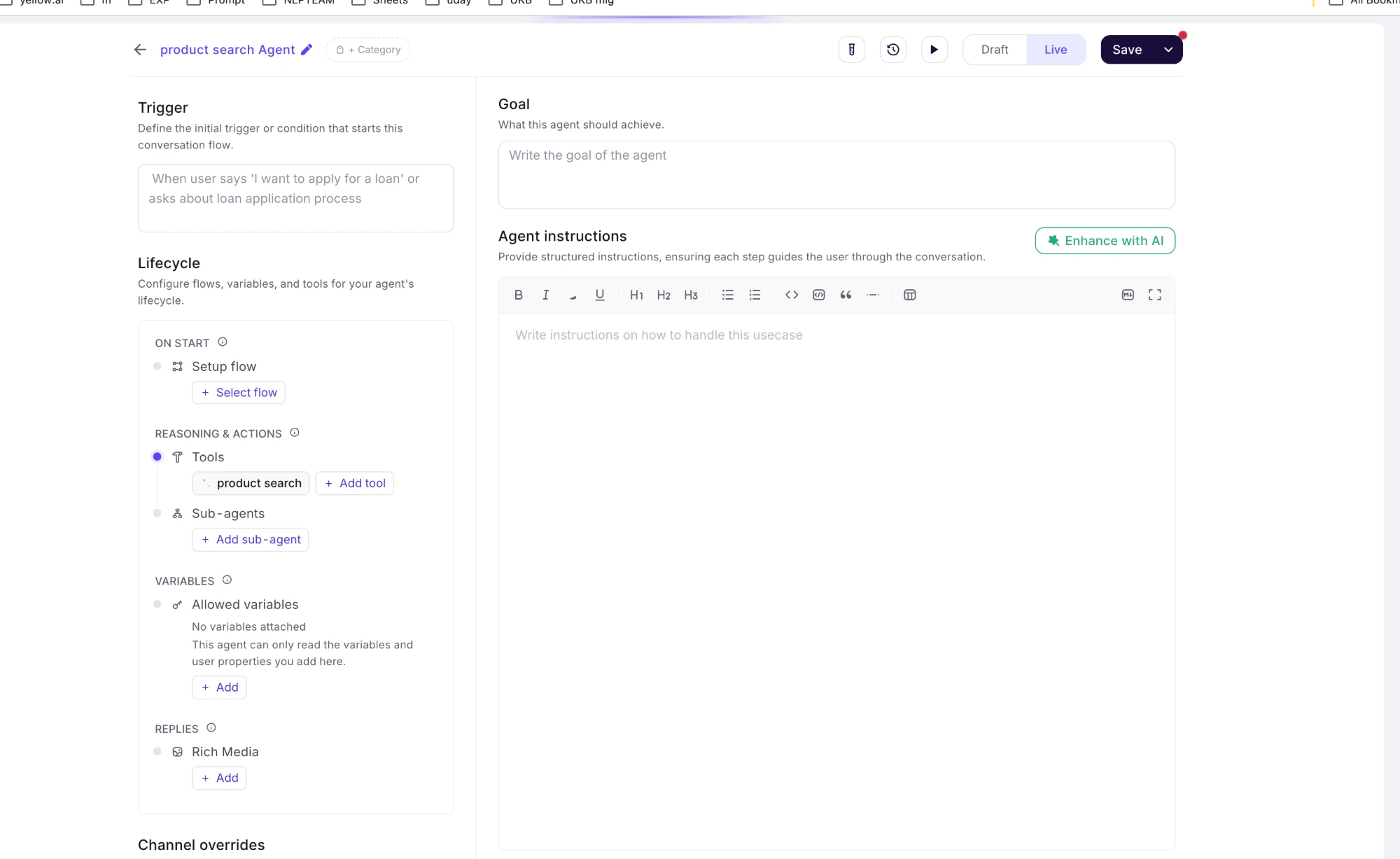 Agent editor with the product search tool attached under Reasoning & Actions, and the Goal and Agent instructions panes on the right