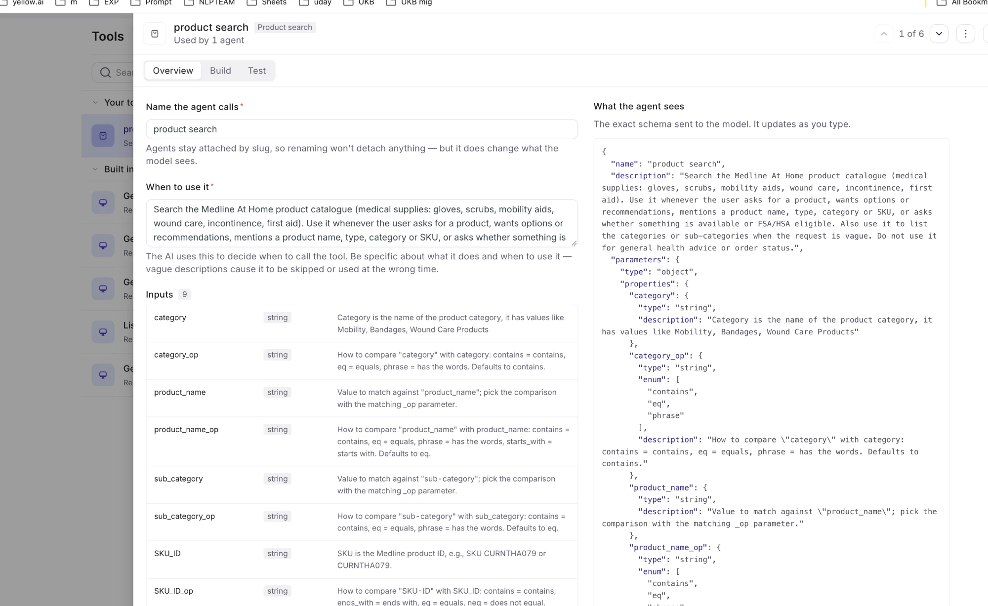 Overview tab of a Product Search tool: the When to use it description on the left, and on the right the generated schema with category, category_op, product_name and other parameters