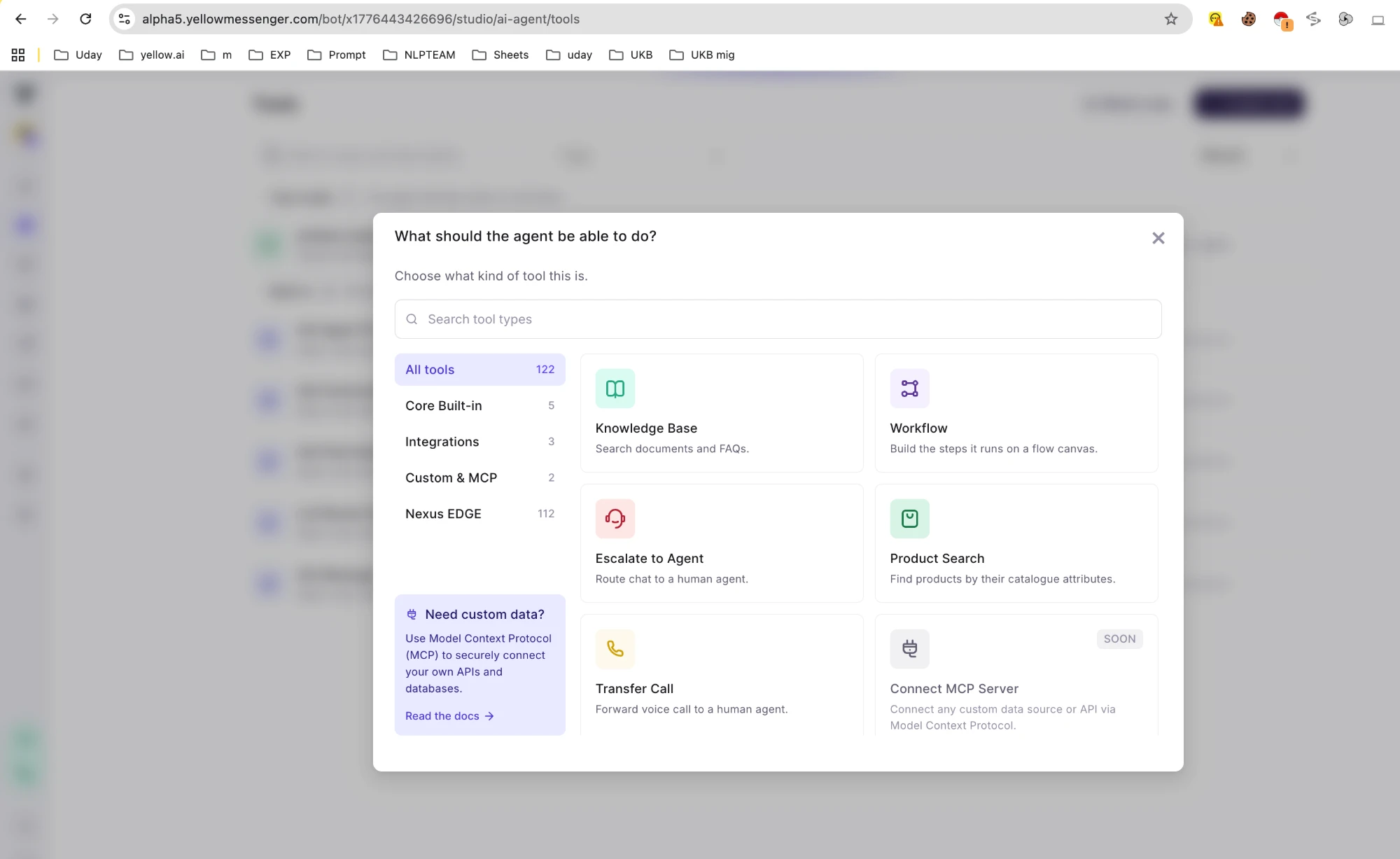Tool type picker with the Product Search card under Core Built-in, next to Knowledge Base, Workflow, Escalate to Agent and Transfer Call