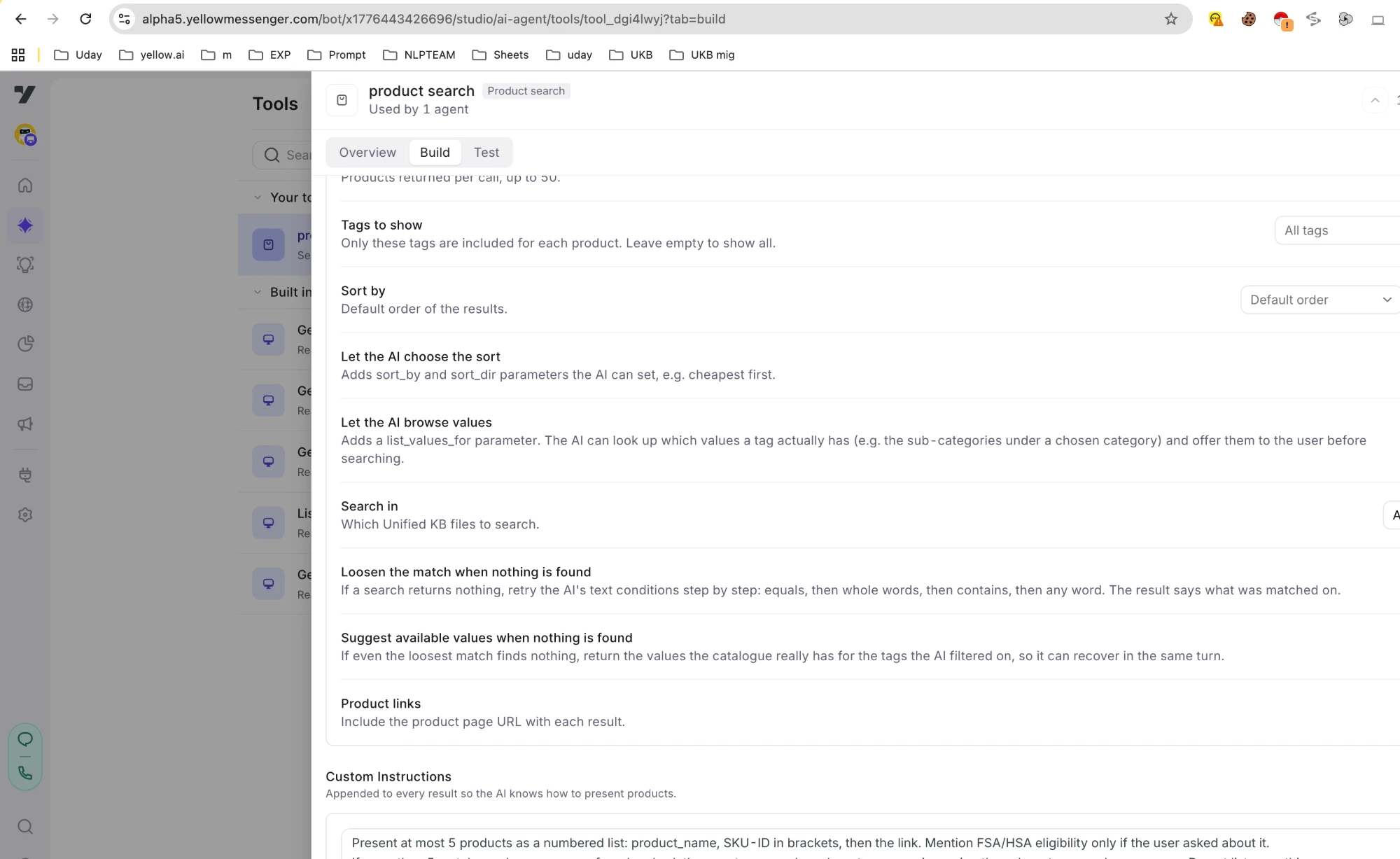Results section of the Build tab: Max products, Tags to show, Sort by, Let the AI choose the sort, Let the AI browse values, Search in, Loosen the match when nothing is found, Suggest available values when nothing is found, Product links, and the Custom Instructions box
