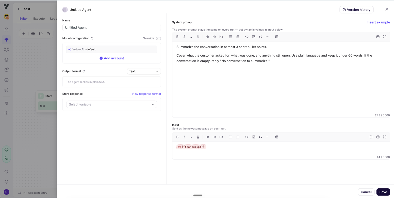 The LLM node editor — System prompt, Input, Output format and Store response