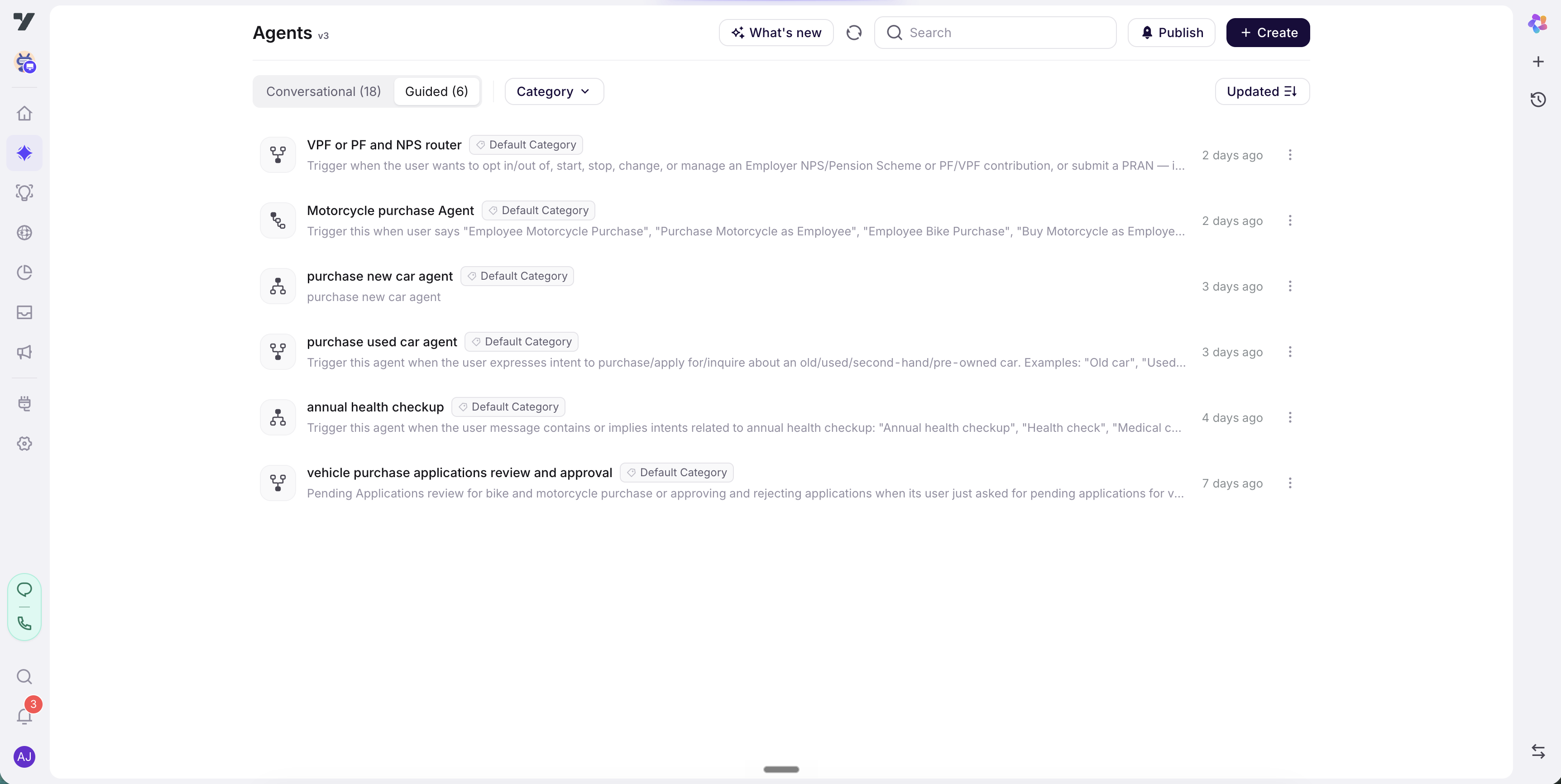 The Guided tab listing guided agents, each with a generated flow icon, name, Category tag and description, with Category and sort filters above the list