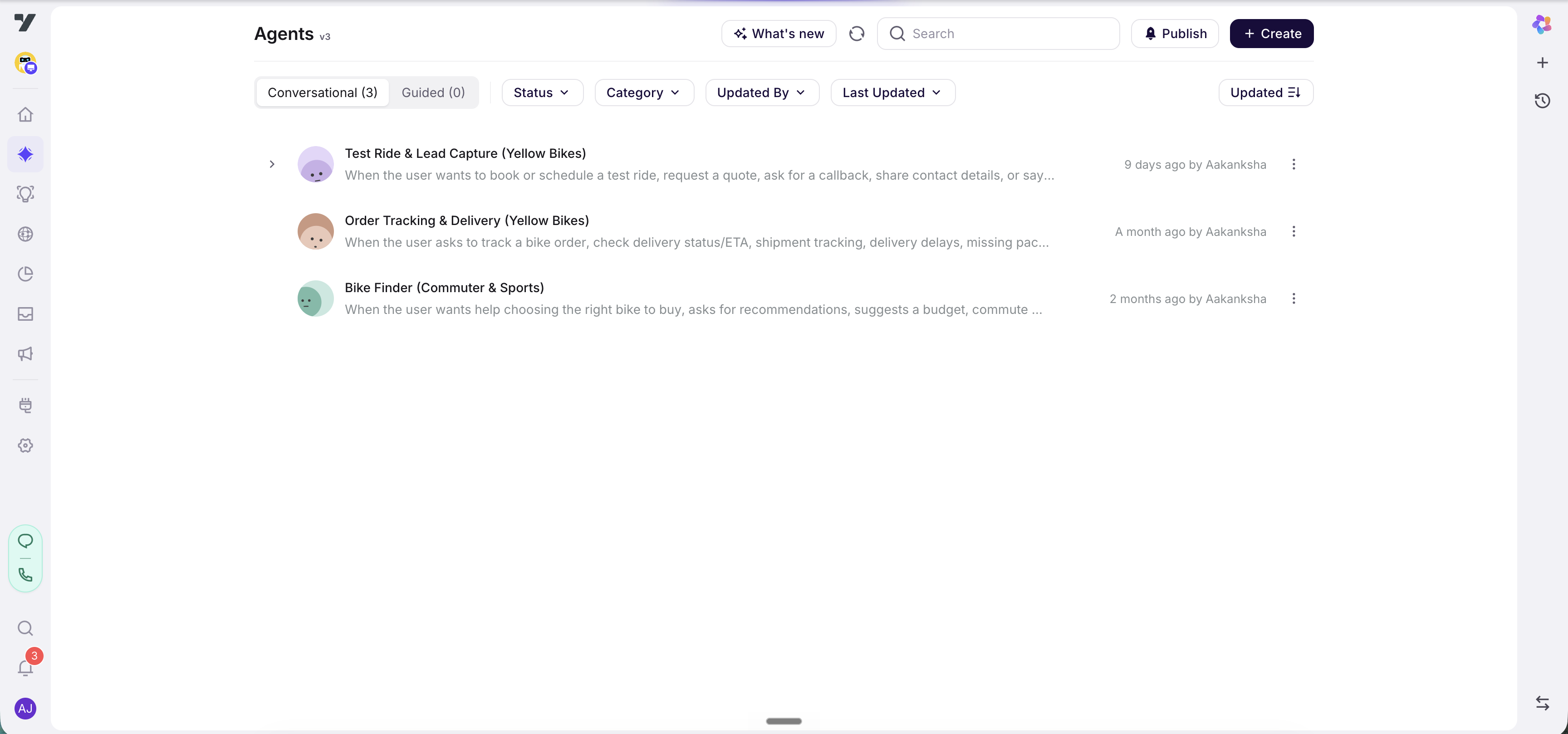 The Agents page - the header with the Conversational and Guided tabs and the Create button