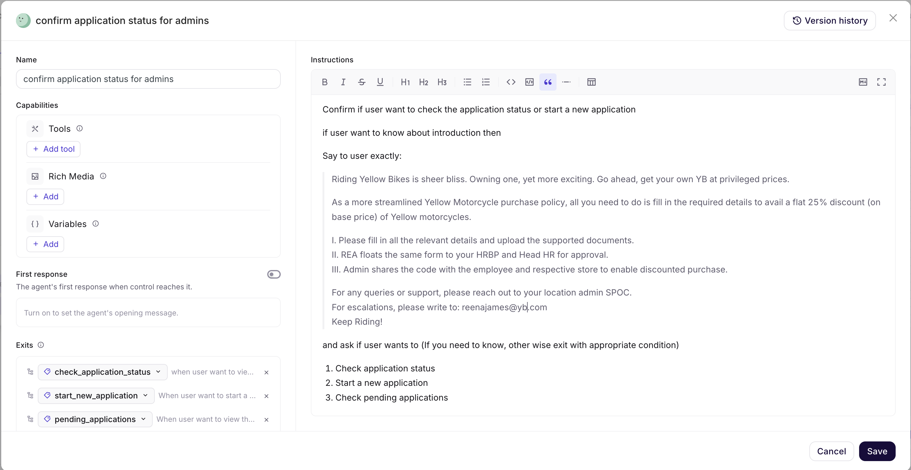 The Conversational Agent node configuration drawer - the header (node name, Version history, Cancel/Save), the left column (Capabilities, First response, Exits) and the right-column Instructions editor