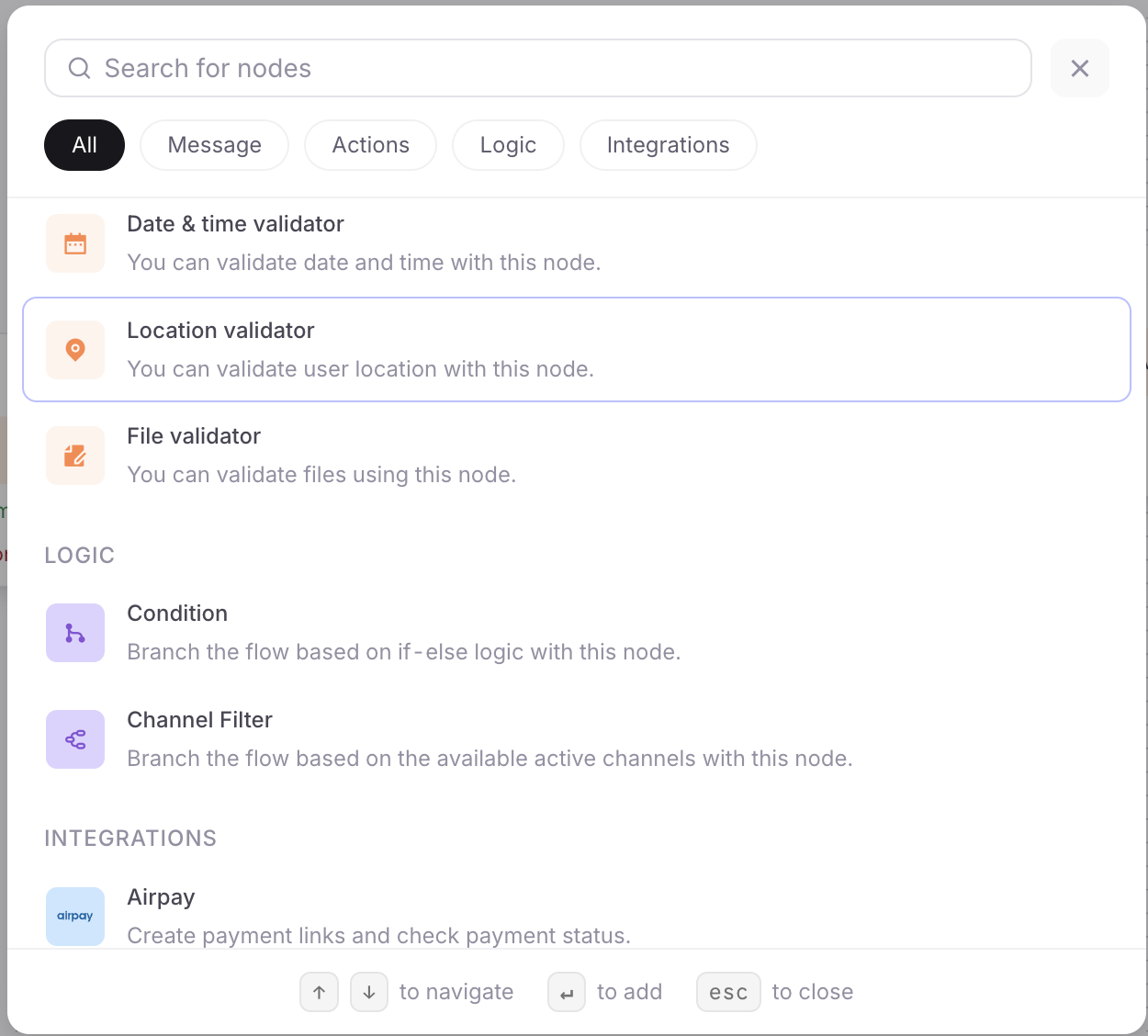 The node palette / Search-for-nodes panel open on the canvas, listing node types including Conversational Agent, Execute Workflow and Transfer to Agent