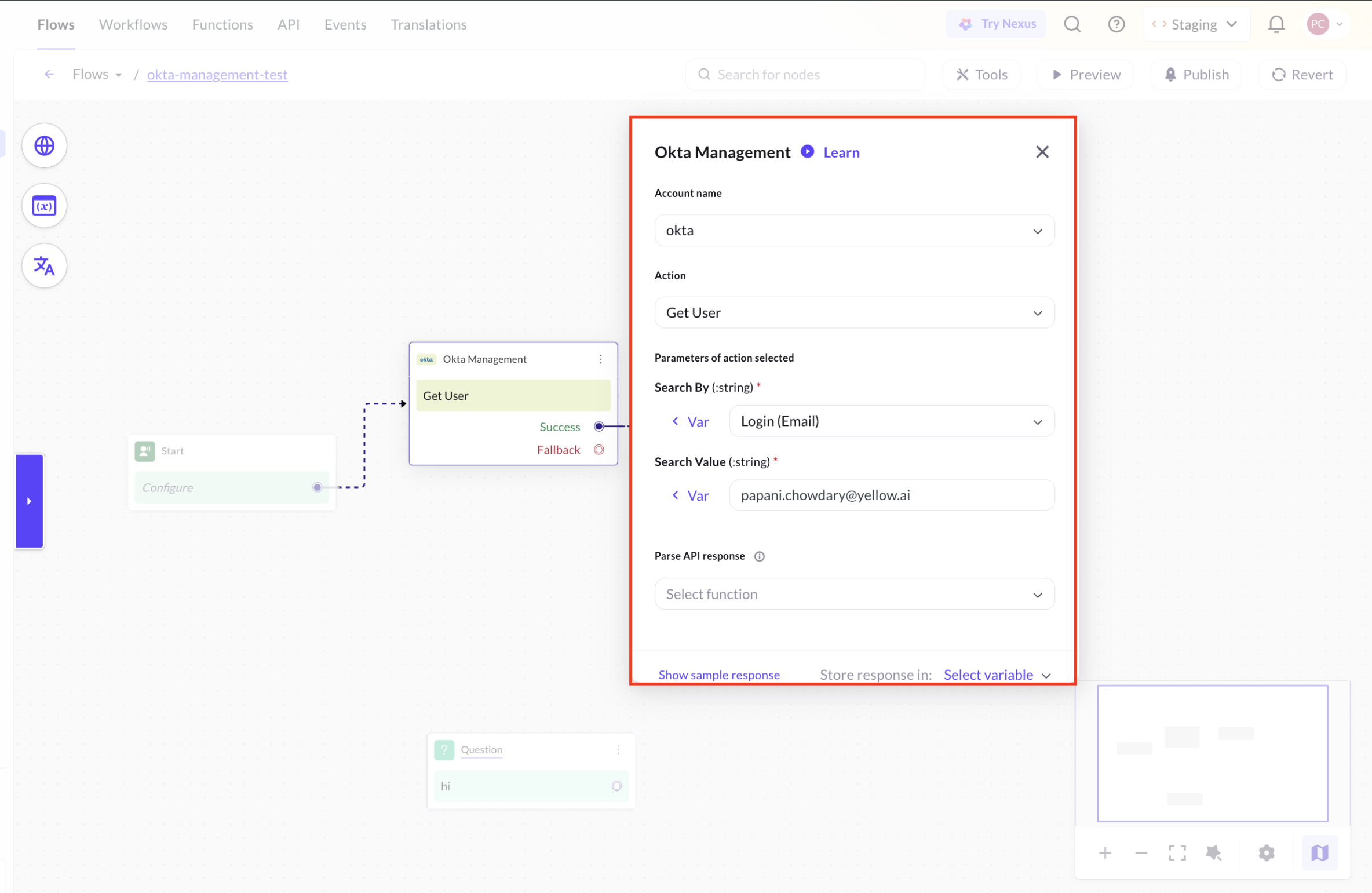 Okta Management node selection in the Yellow.ai Automation flow builder