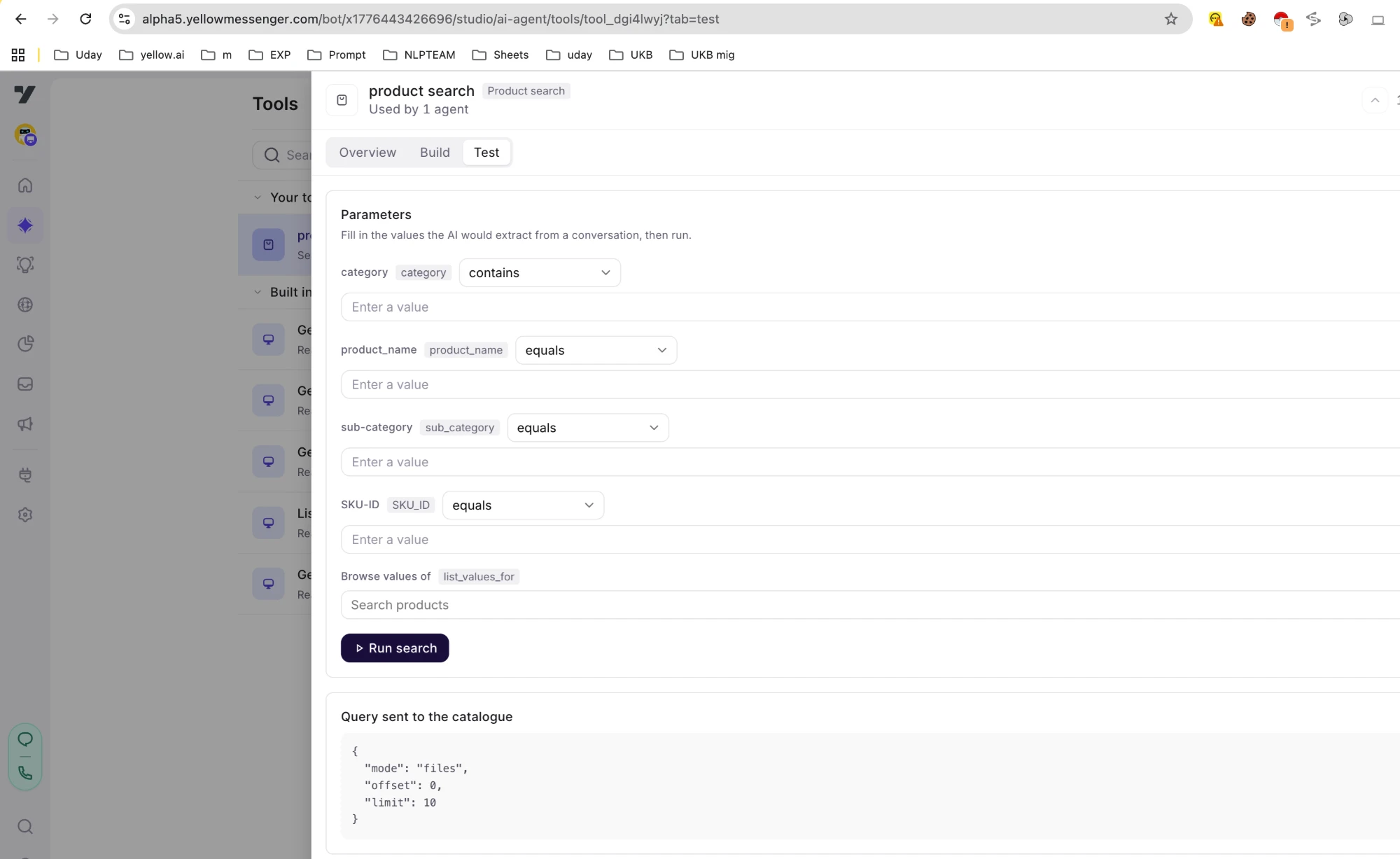 Test tab with one input per attribute, each with its operator, a Browse values of selector and the Run search button, and below it the query that will be sent to the catalogue
