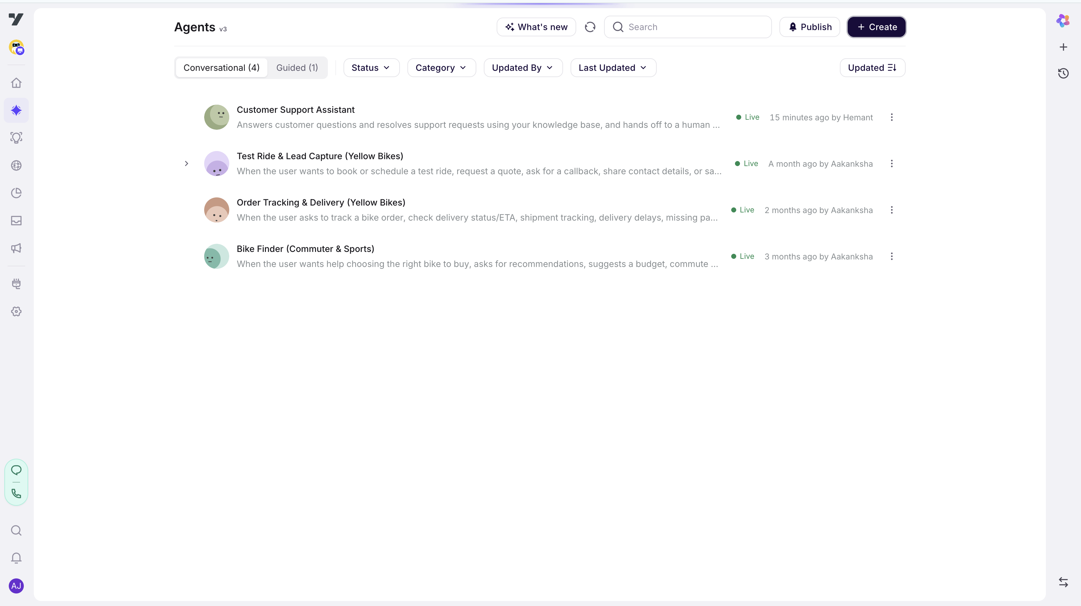 The Agents page listing agents (Customer Support Assistant, Test Ride, Order Tracking, Bike Finder) with the Create button in the top-right