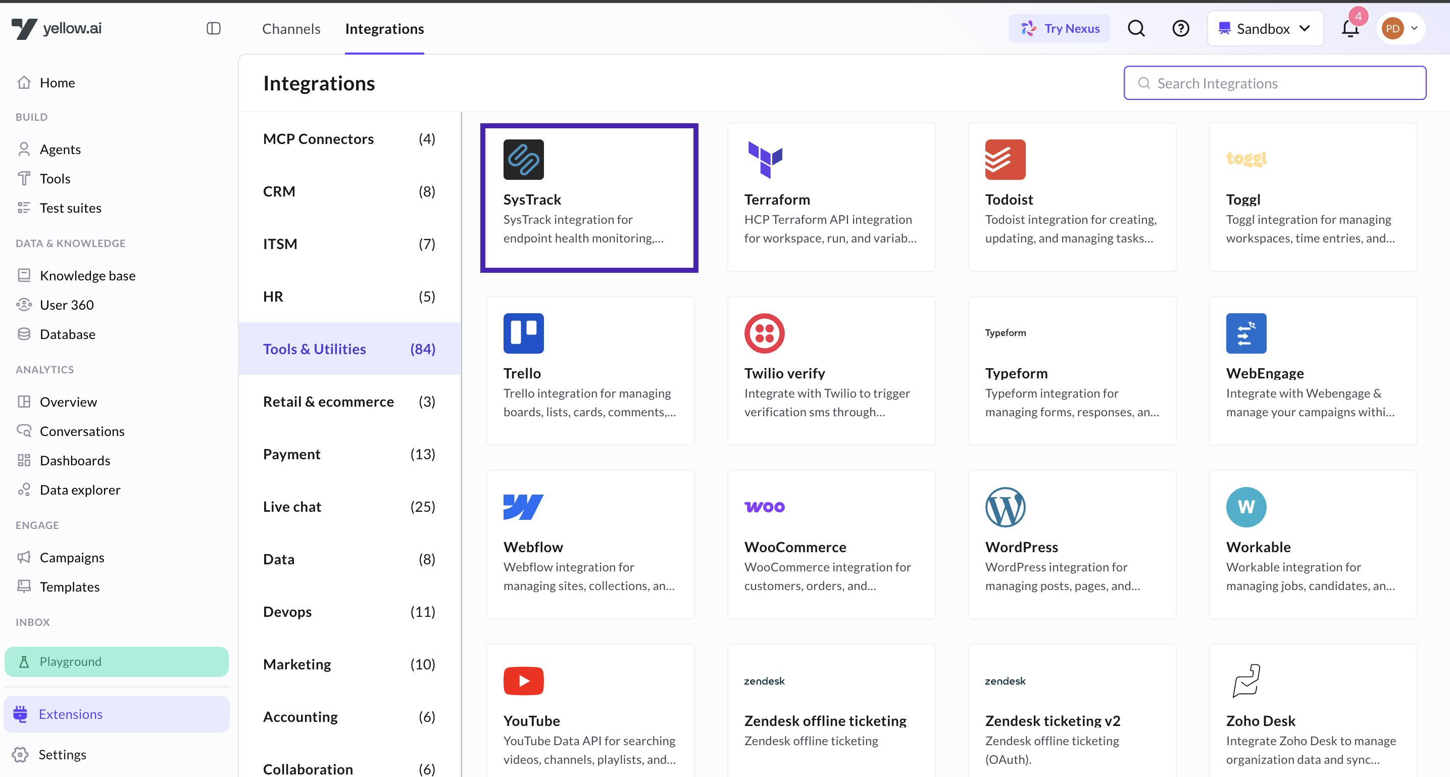SysTrack in the Tools & Utilities integrations list