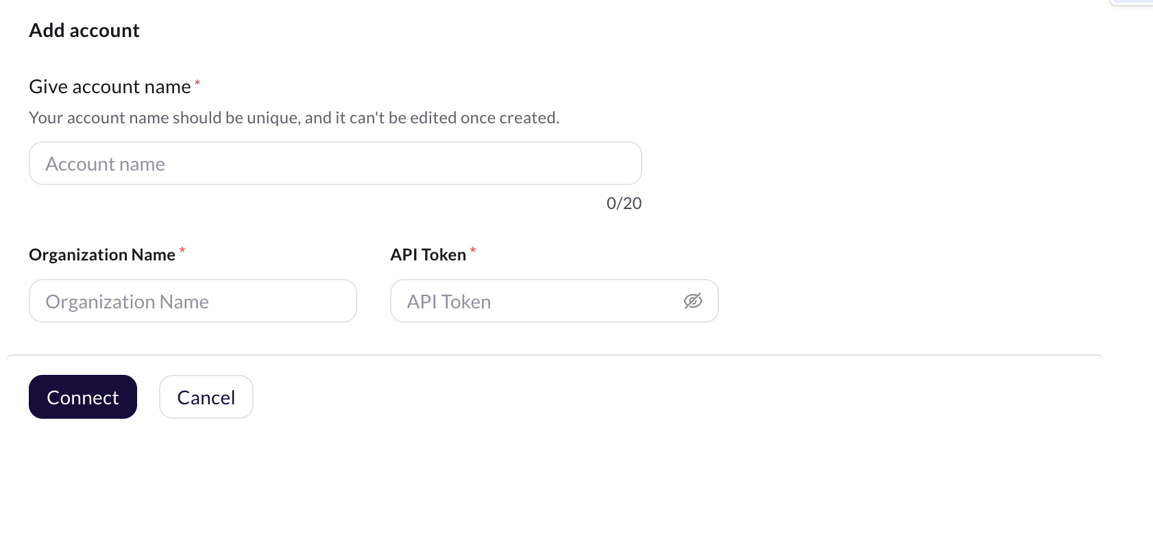 Terraform integration credentials — Organization Name and API Token fields
