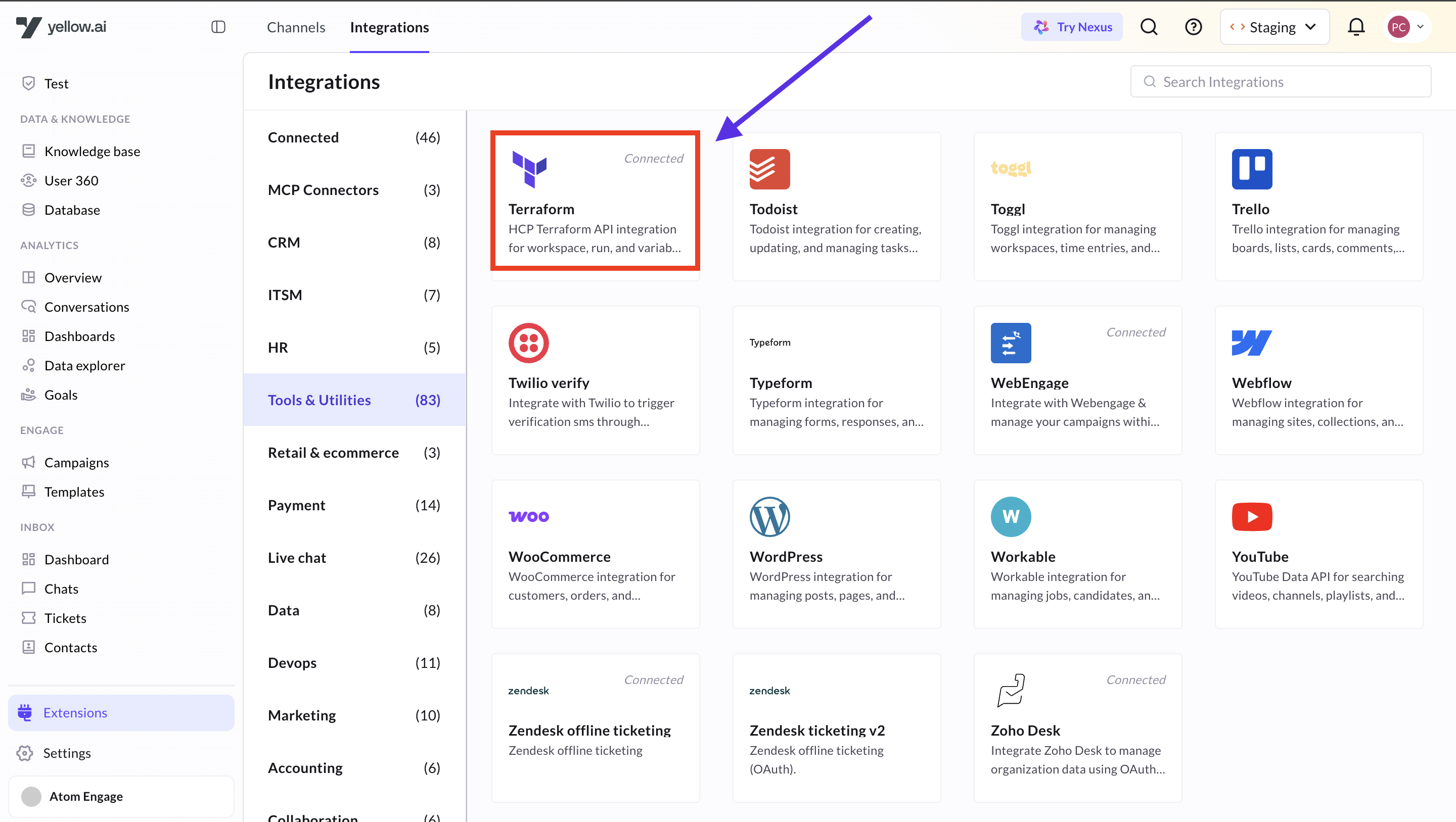 Terraform integration in Yellow.ai marketplace