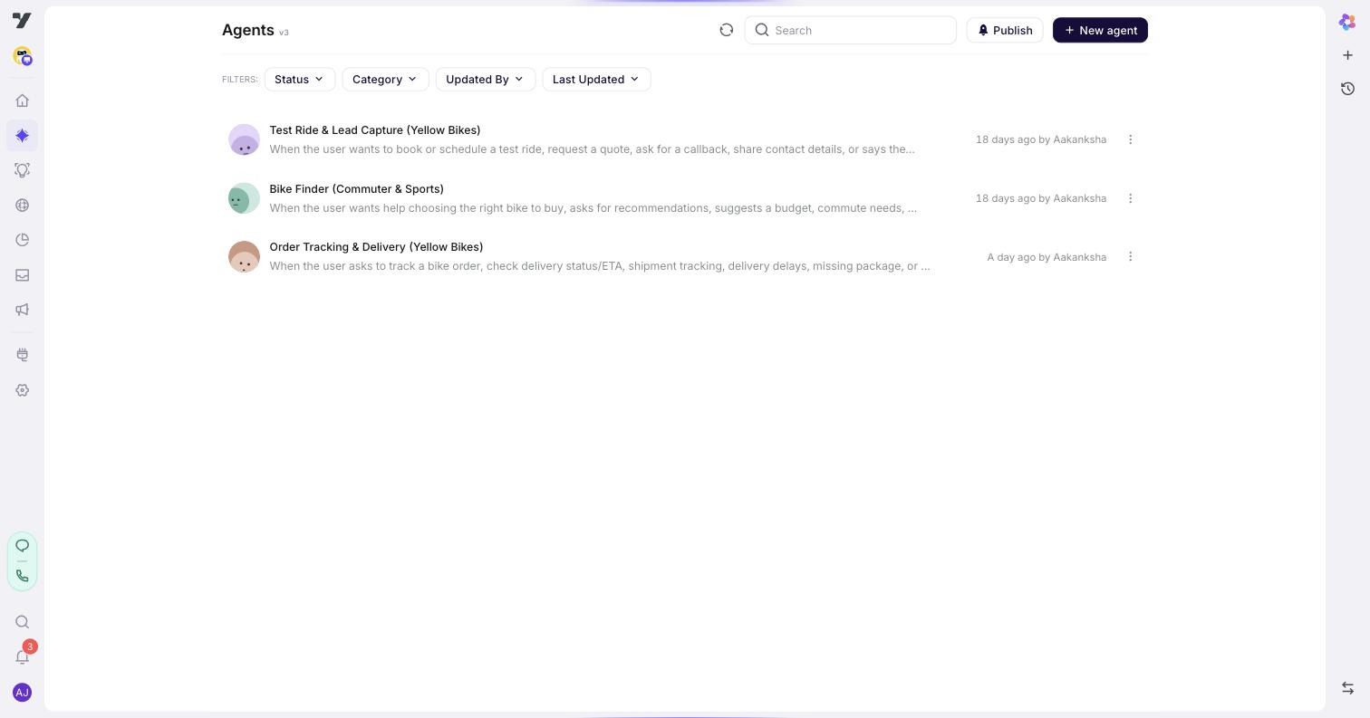 nexus.yellow.ai studio with the v3 Agents page open — three peer specialised agents (Test Ride, Bike Finder, Order Tracking) listed under the Agents tab, the New agent button in the toolbar, and Status / Category / Updated By / Last Updated filters above the list