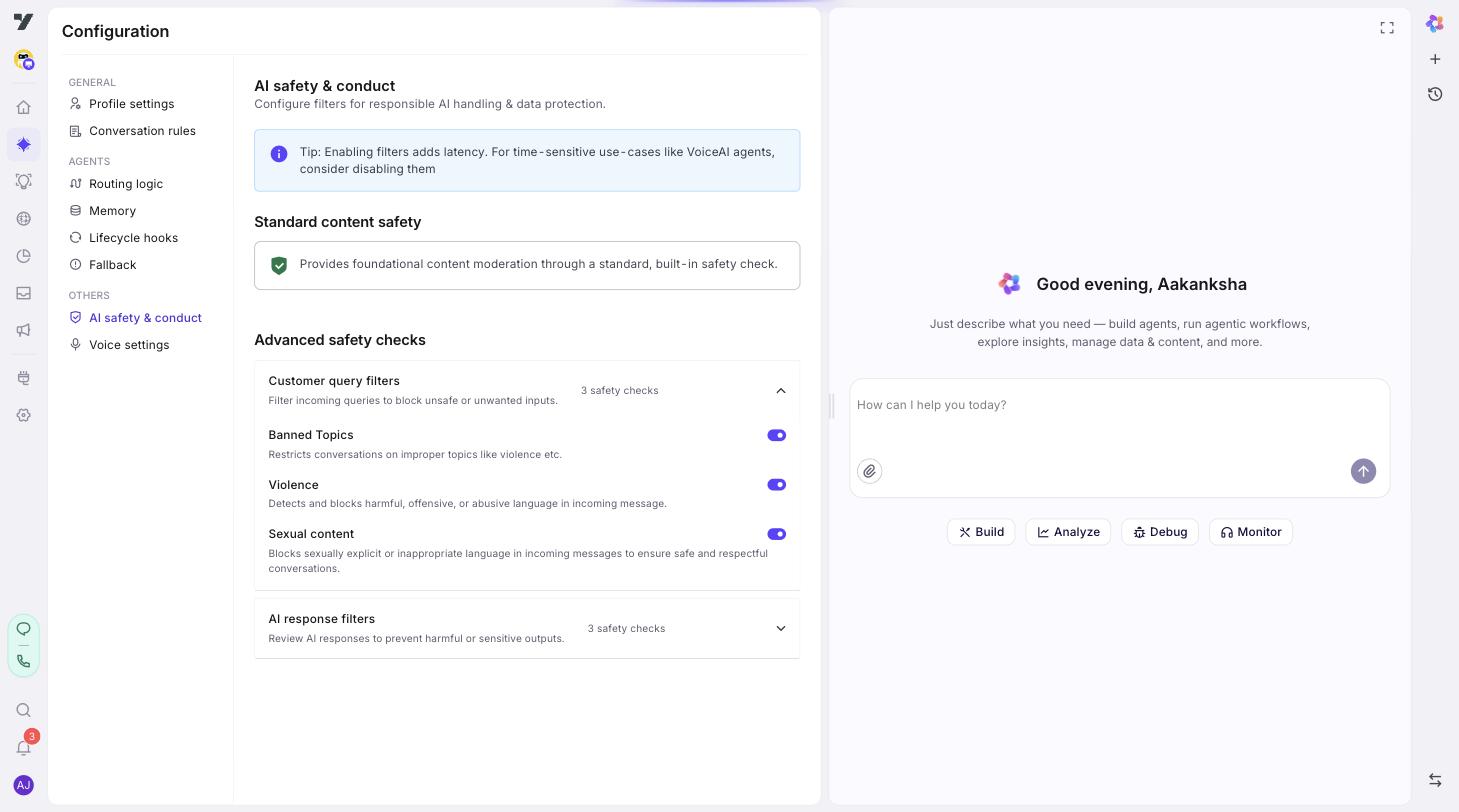 Configuration → AI safety & conduct sub-page showing the Standard content safety section (always on) and the Advanced safety checks section with Customer query filters (Banned Topics, Violence, Sexual content — all enabled) and AI response filters (Sensitivity, Toxicity, Bias — all enabled)