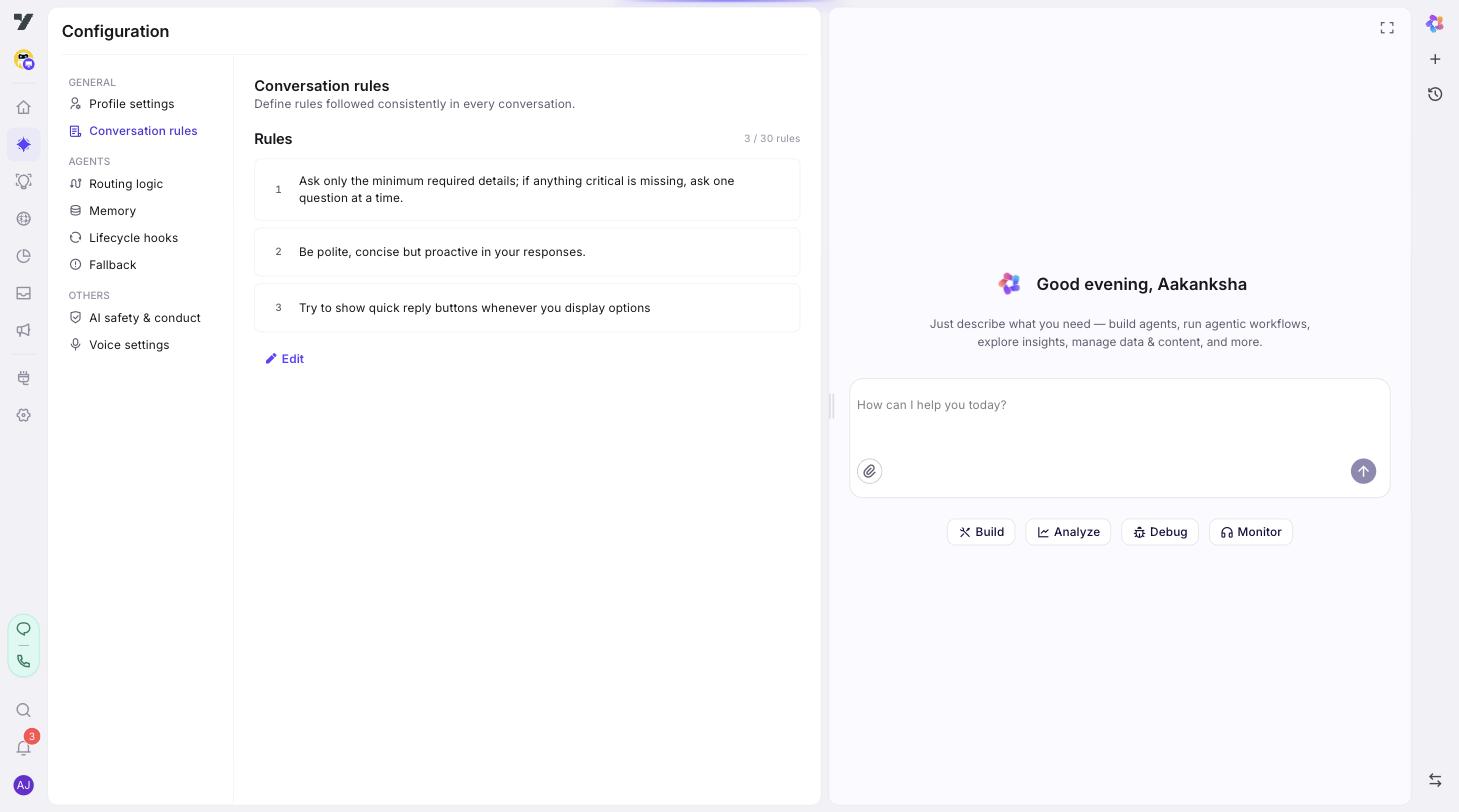 Configuration → Conversation rules sub-page showing three numbered rules (3 / 30 rules) that the super agent will apply on every reply, with an Edit entry point to add or change them