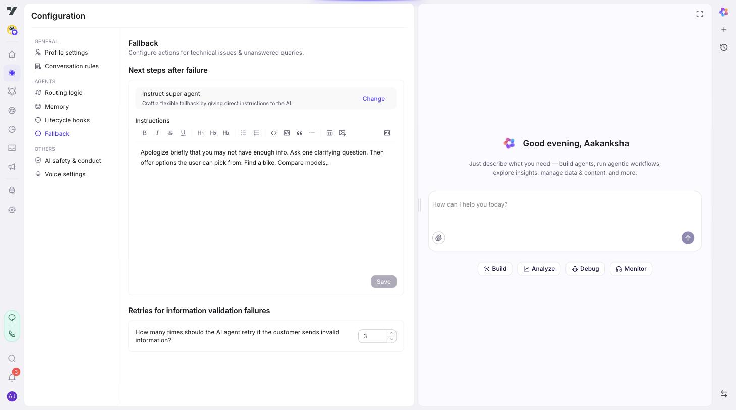 Configuration → Fallback sub-page — Next steps after failure with the Instruct super agent mode selected, an Instructions rich-text editor showing the fallback prompt, and a Retries for information validation failures control (default 3)