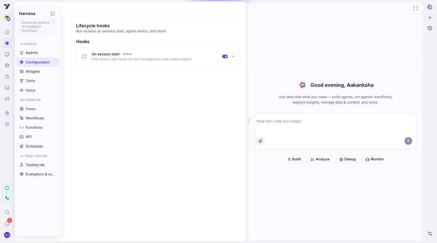 Configuration → Lifecycle hooks sub-page — Hooks list with the "On session start" hook shown as Active, with a toggle and an expand arrow to configure its behaviour