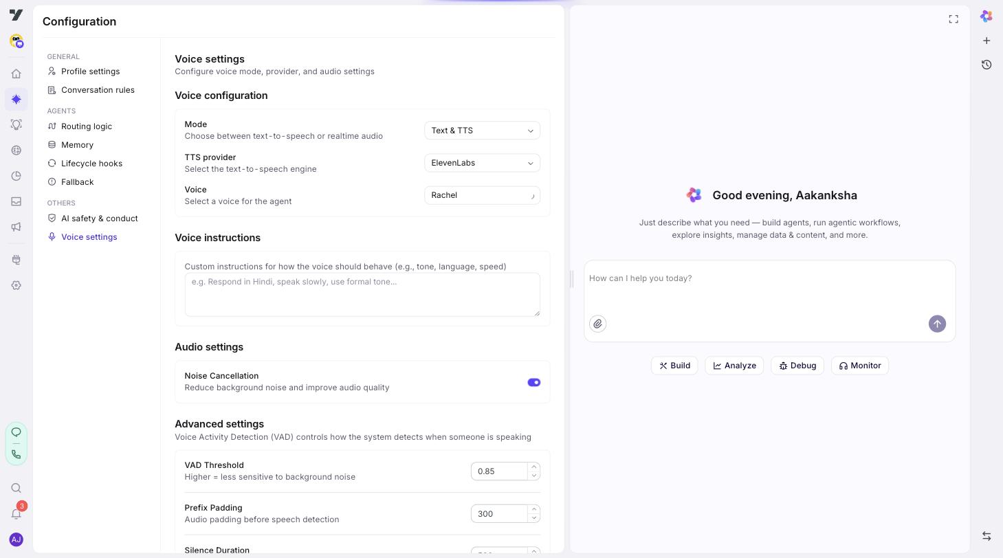 Voice settings sub-page on the super-agent Configuration — Mode selector (Text & TTS), TTS provider (ElevenLabs), Voice (Rachel), Voice instructions, Audio settings, and Advanced VAD controls
