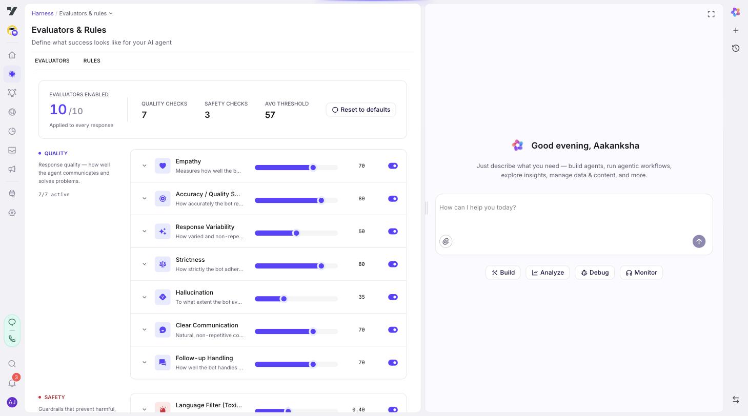 Evaluators & Rules page on the Evaluators tab — header shows 10/10 evaluators enabled, 7 Quality checks, 3 Safety checks, and an average threshold; below, the Quality section lists Empathy, Accuracy, Response Variability, Strictness, Hallucination, Clear Communication, and Follow-up Handling each with a threshold slider and an on/off toggle