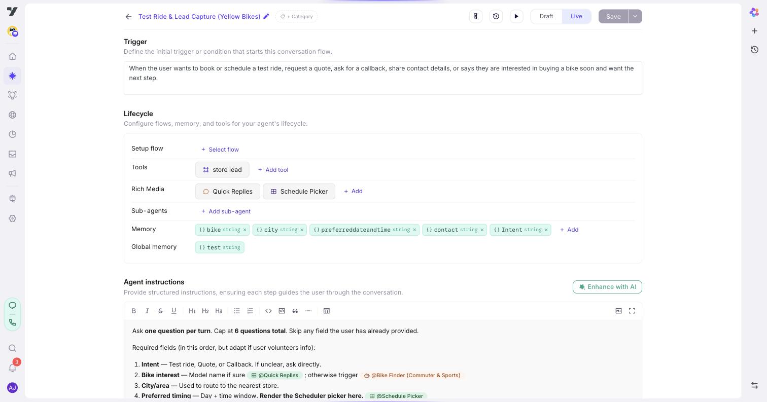 A specialised agent's profile (Test Ride & Lead Capture) showing the three sections: Trigger at the top, the Lifecycle block with Setup flow / Tools / Rich Media / Sub-agents / Memory / Global memory rows, and Agent instructions below as a rich-text editor