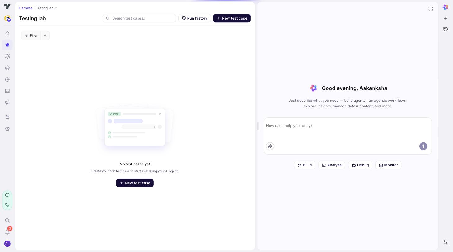 AI Trust Centre → Testing lab page in its empty state, showing the "No test cases yet" message, the New test case button, the Run history entry, and Filter / + controls in the toolbar