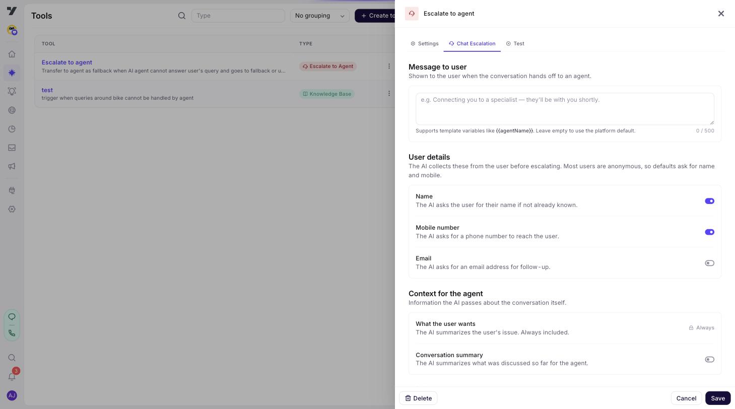 Chat Escalation tab on an Escalate to Agent tool — Message to user, User details toggles (Name, Mobile number, Email), and the Context for the agent section (What the user wants, Conversation summary)