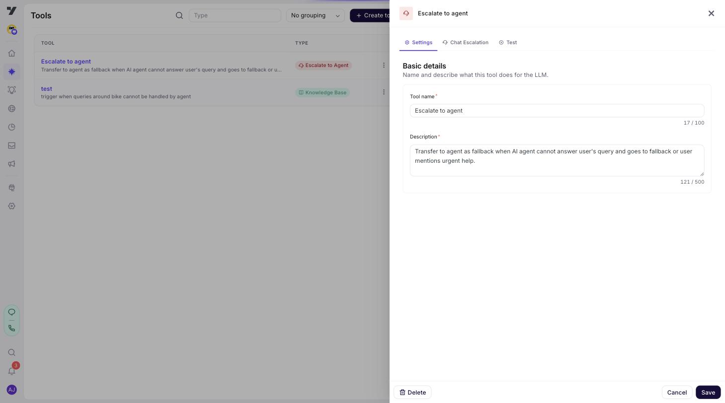 Tool config drawer for an Escalate to Agent tool, showing the Settings tab (Tool name, Description) with Chat Escalation and Test tabs alongside. The exact tab set depends on the tool type