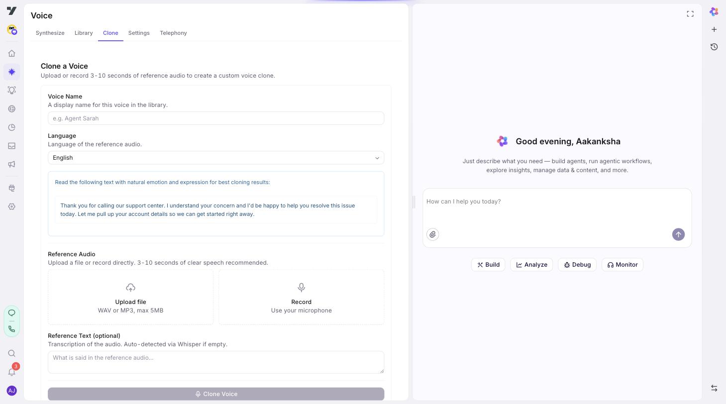 AI Agent → Voice → Clone page — Voice Name input, Language picker, the suggested reference text in a highlighted banner, Upload file / Record options, and an optional Reference text field below