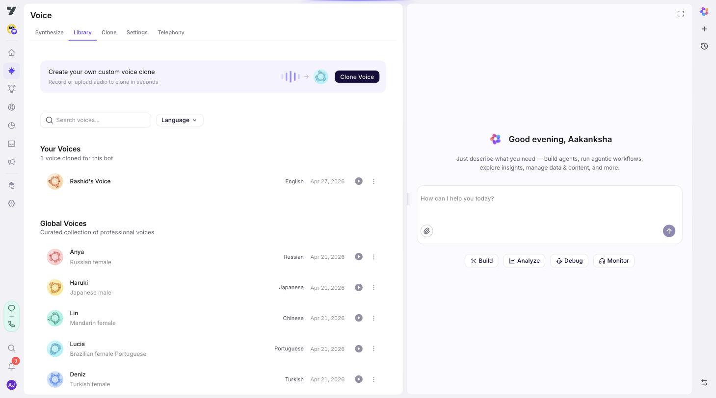 AI Agent → Voice → Library page showing the Your Voices section with a cloned voice (Rashid's Voice) and the Global Voices section underneath with curated voices (Anya, Haruki, Lin, Lucia, Deniz)