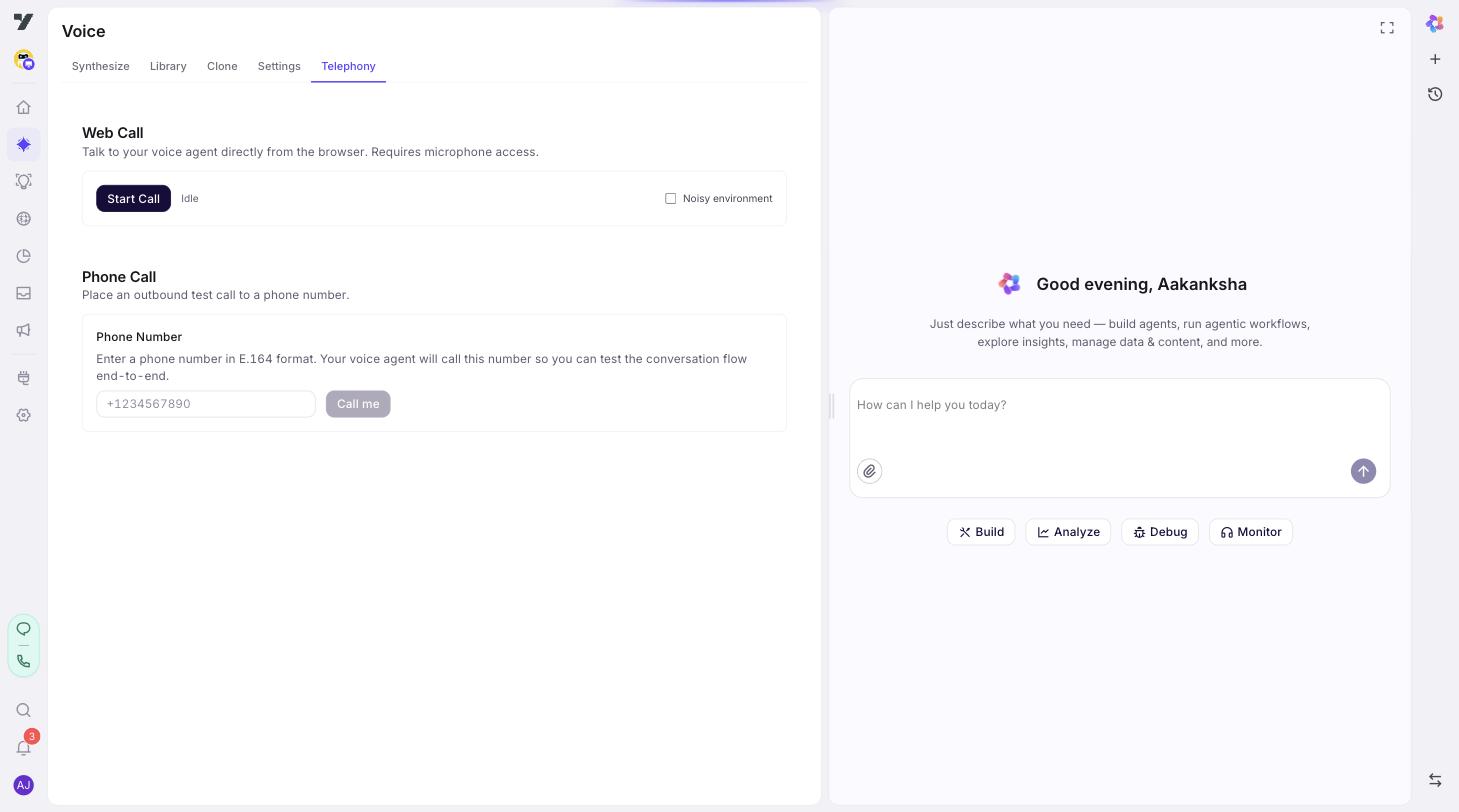 AI Agent → Voice → Telephony tab in test mode — Web Call section with Start Call / Noisy environment controls, and a Phone Call section with a phone number input and Call me button for outbound tests