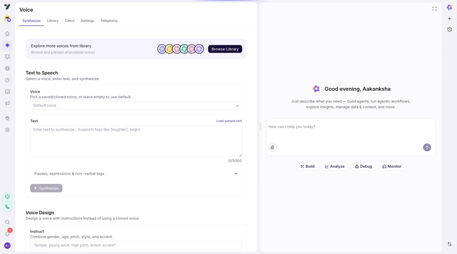 AI Agent → Voice top-level page showing the five tabs across the top (Synthesize, Library, Clone, Settings, Telephony) with the Synthesize / TTS Playground content underneath
